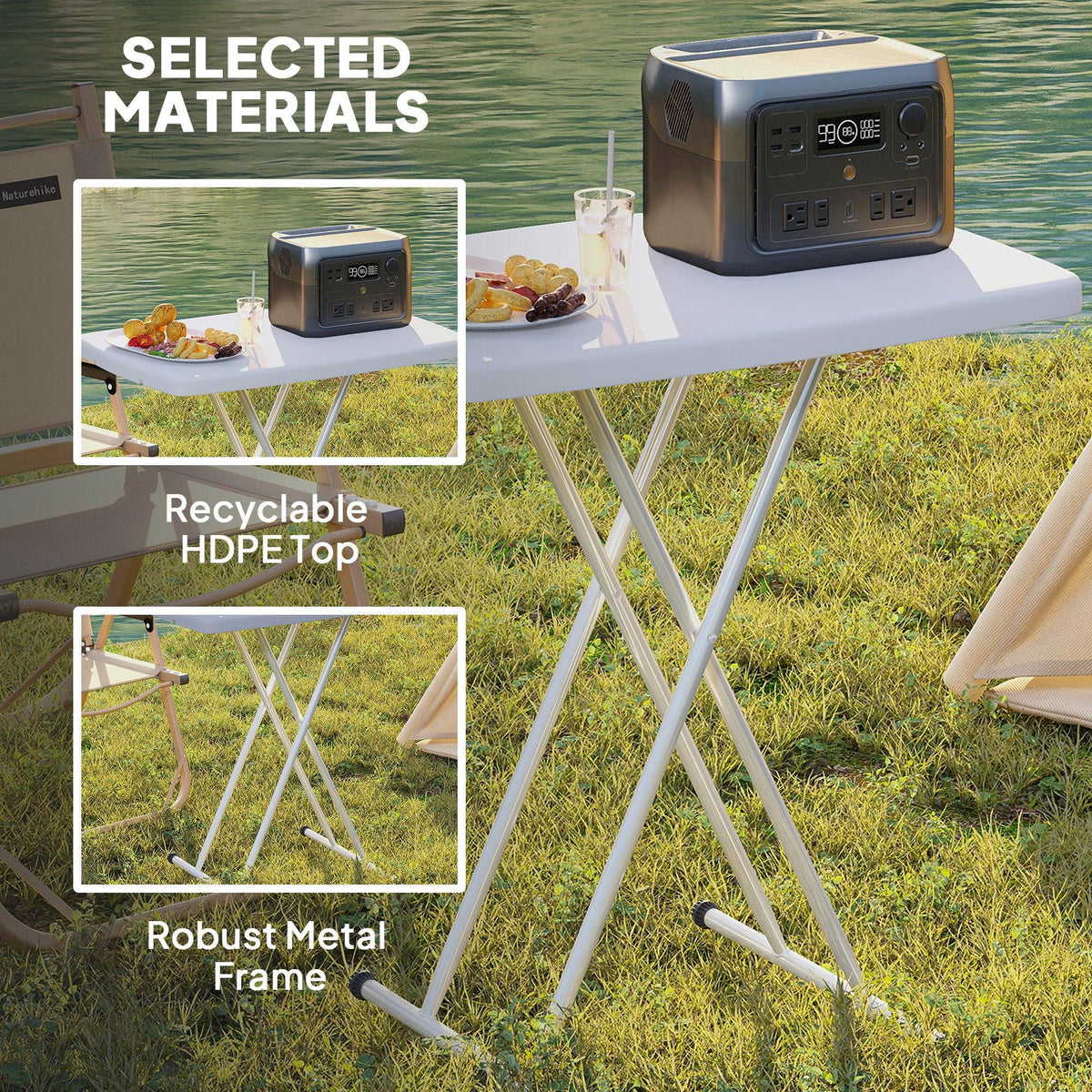 White folding outdoor table with recyclable HDPE-style plastic top and powder-coated metal frame