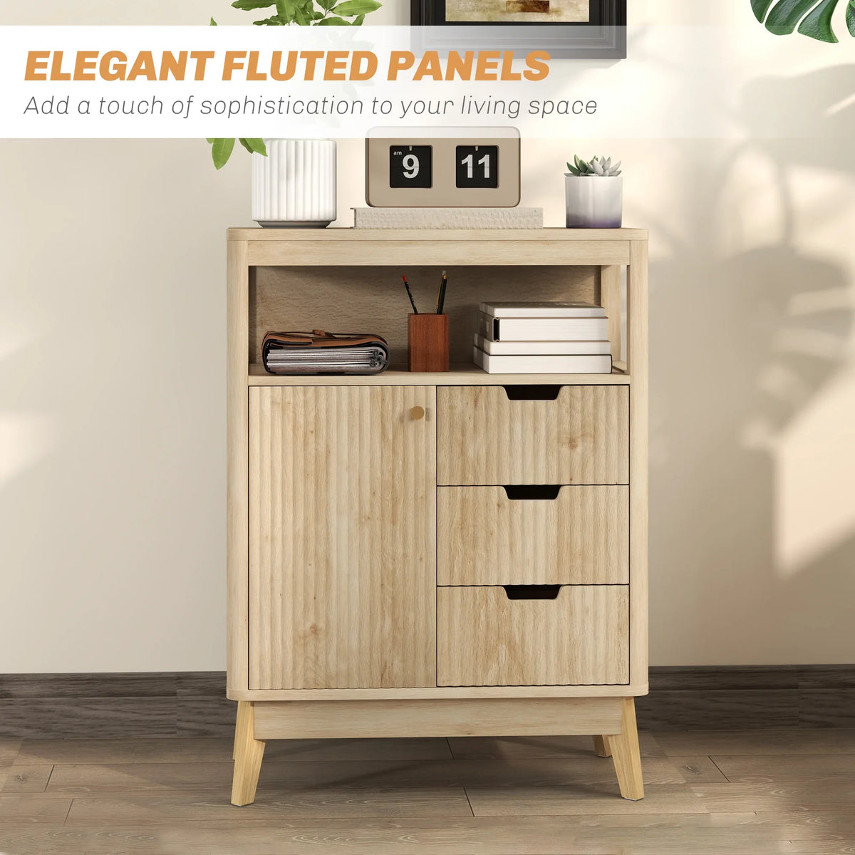 Light wood sideboard with fluted front panels, doors, and three storage drawers