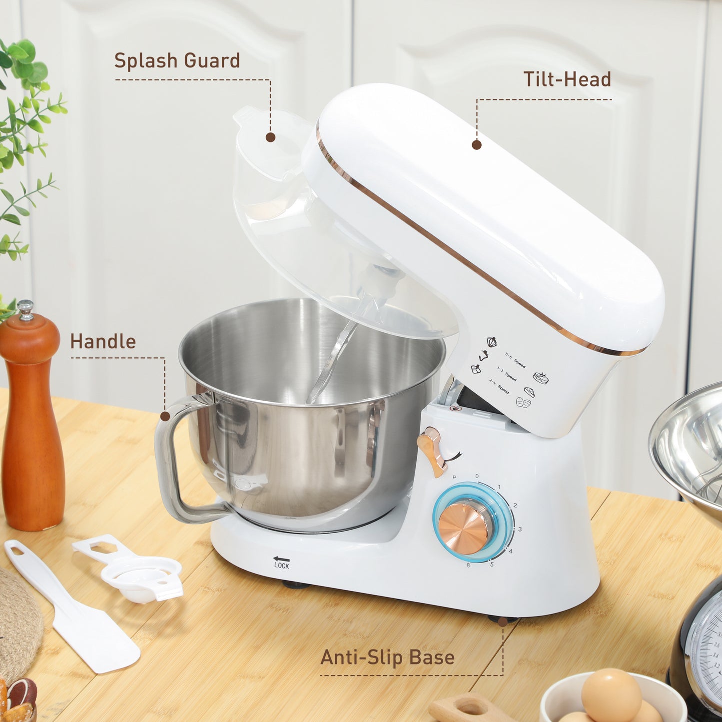 HOMCOM Stand Mixer 1400W Six Speed Pulse 5L Stainless Steel Bowl With Dough Hook Whisk Splash Guard Tilt Head
