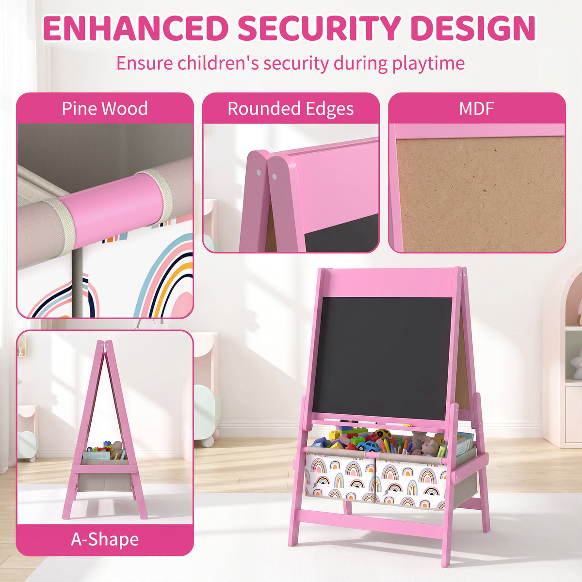 Pink A-frame kids art easel with rounded edges and built-in chalkboard base