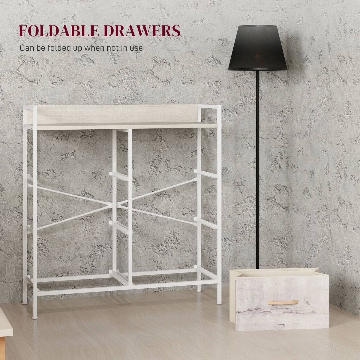Foldable drawer chest frame with open structure and white drawer bases, light wood handles