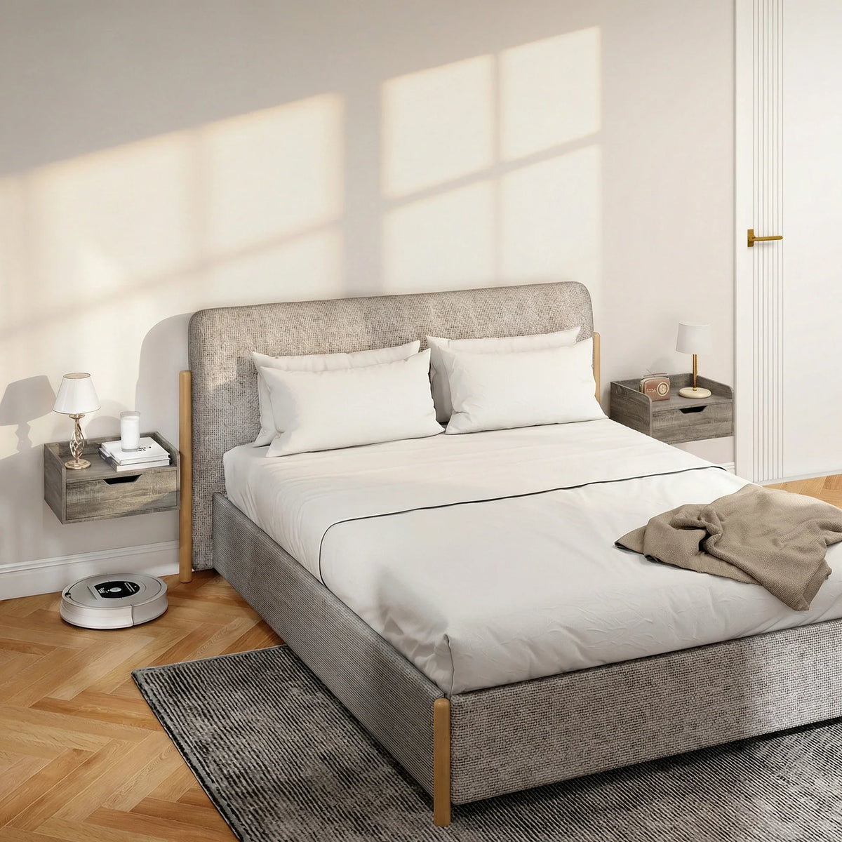 Floating bedside table set with grey wood-effect drawers, wall mounted beside bed