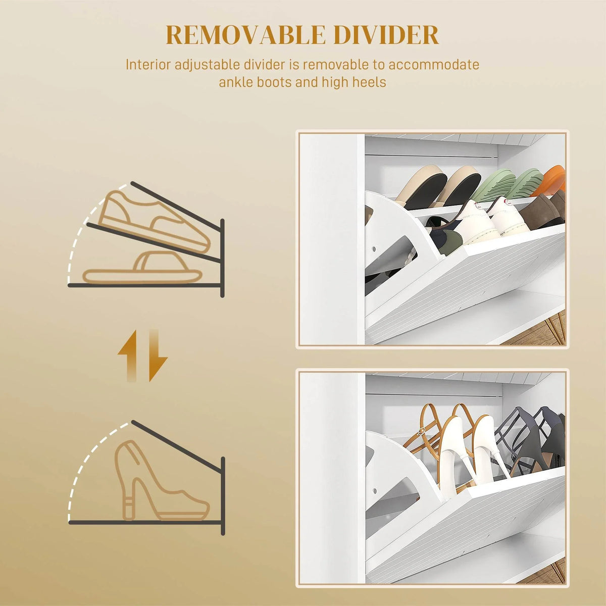 White shoe cabinet with removable divider in open storage shelves for organizing footwear.