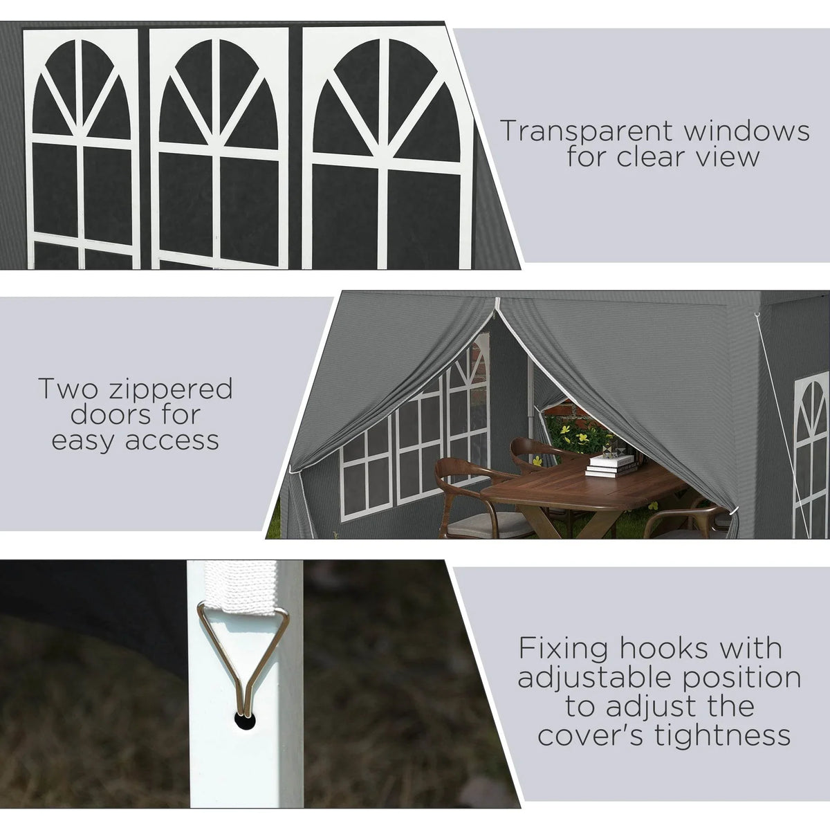 Grey pop-up canopy tent with transparent windows, zippered doors, and adjustable tie hooks