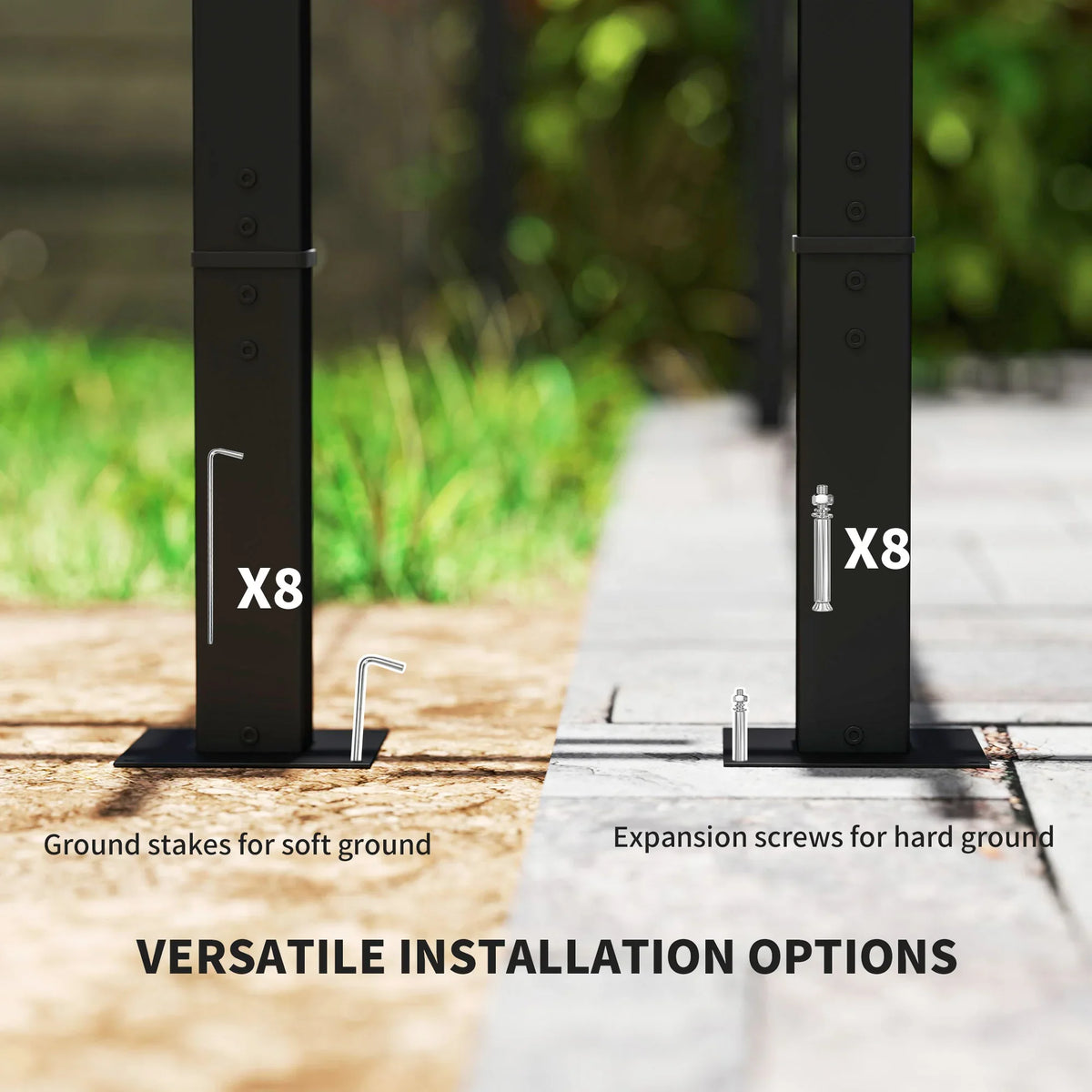Dark grey pergola support posts with ground stakes and expansion screws shown