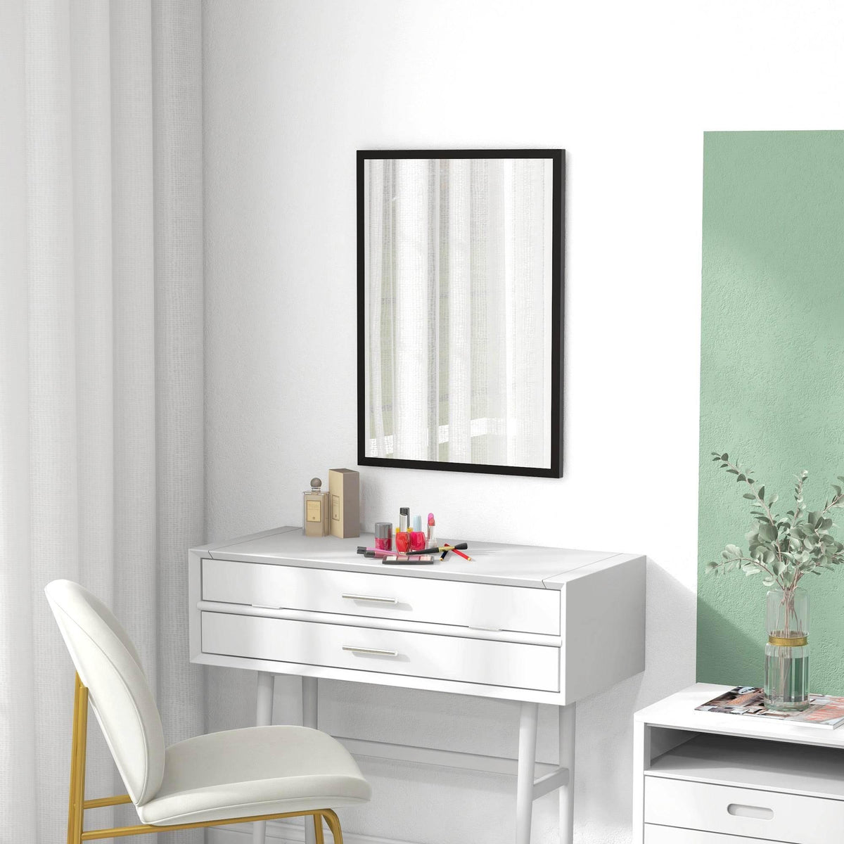 Black-framed rectangular mirror with clear glass and subtle vertical reflections