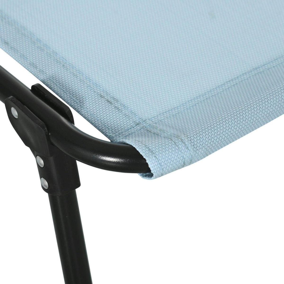 Light blue mesh sun lounger with black end caps and reinforced stitched edge