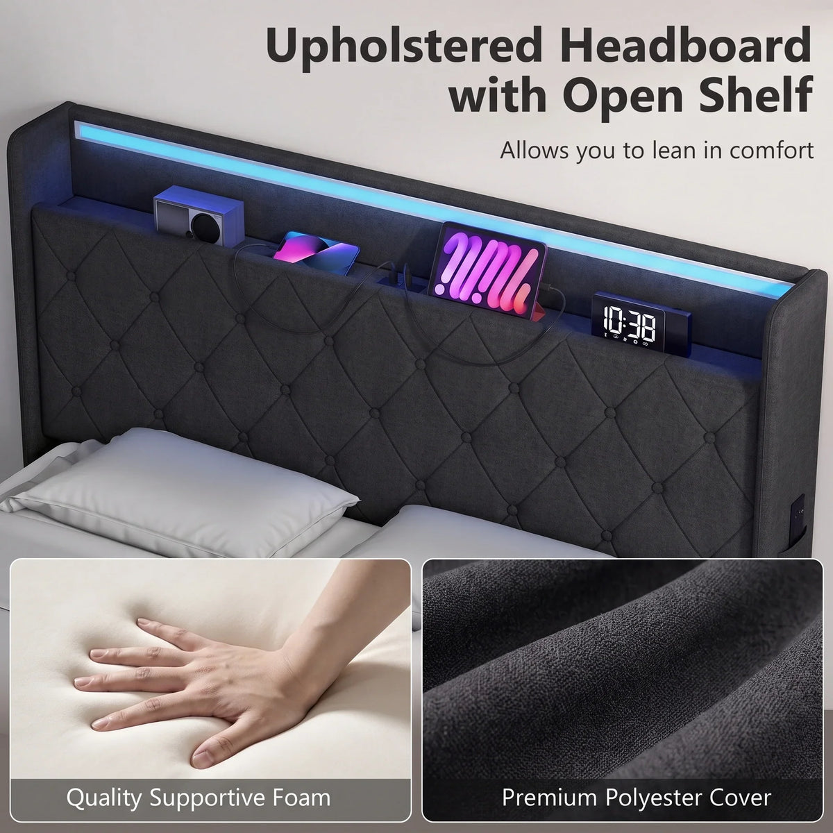 Upholstered headboard with open shelf, blue LED light strip, foam and polyester cover detail