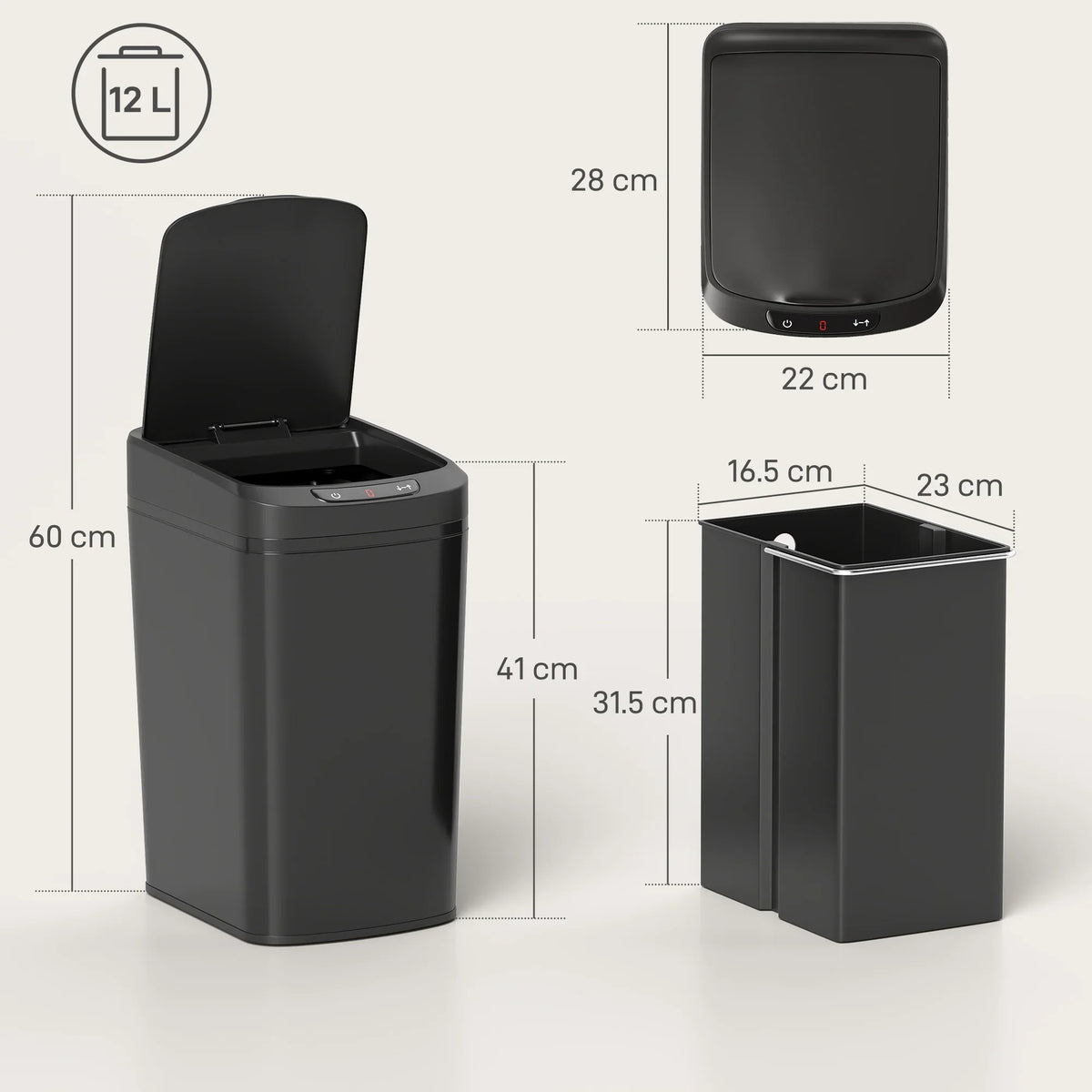 Black 12L automatic motion sensor trash can shown front, side, and open top