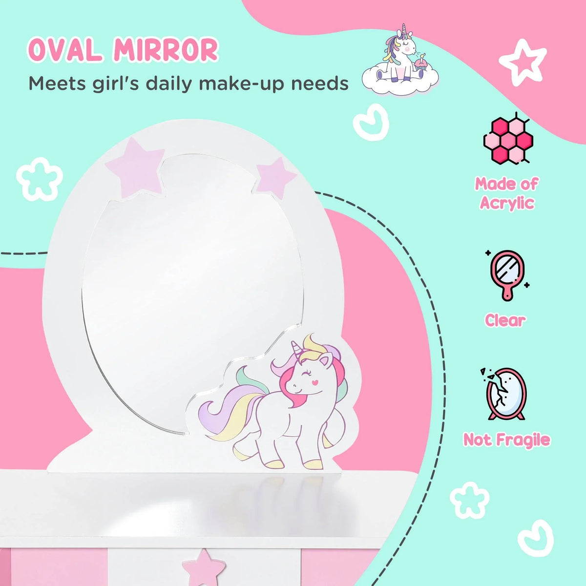 Kids acrylic oval mirror with unicorn sticker, clear and non-fragile design
