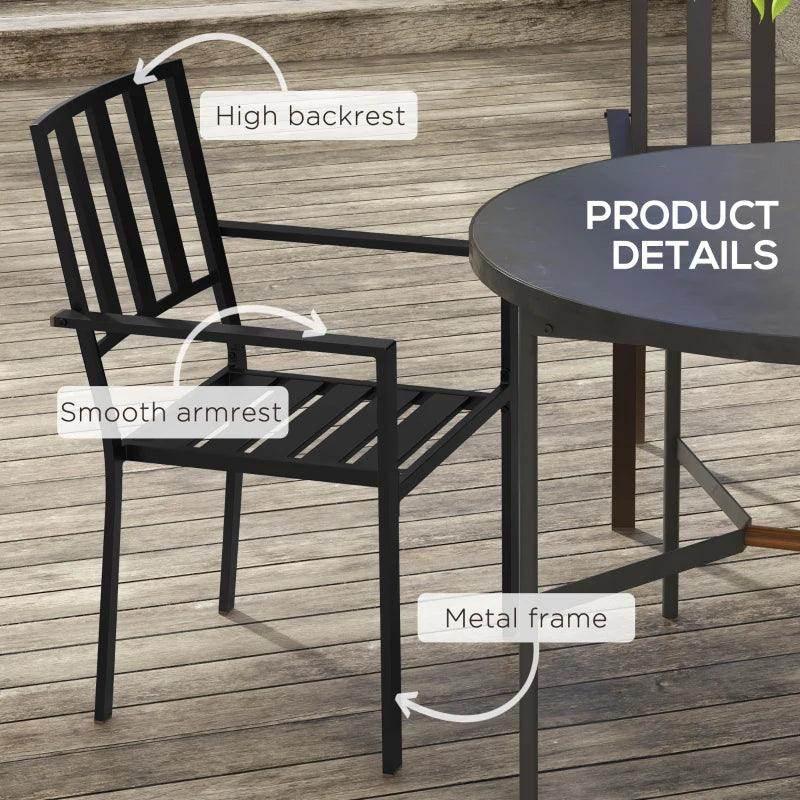 Black metal patio chair with high backrest, smooth armrests, and slatted seat
