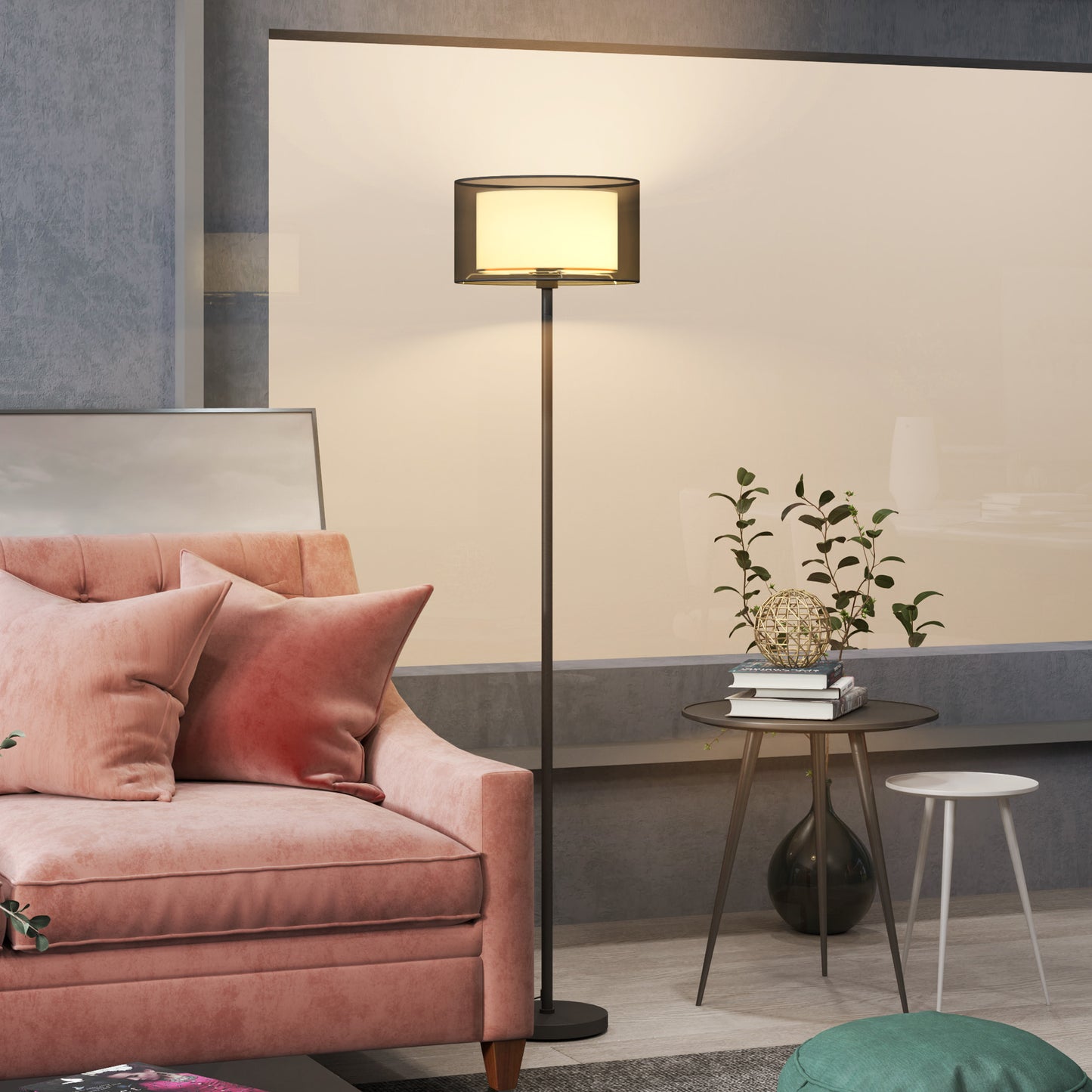 HOMCOM Floor Lamp For Living Room And Office With Double Layer Shade And Foot Switch, Minimalist Tall Pole Black