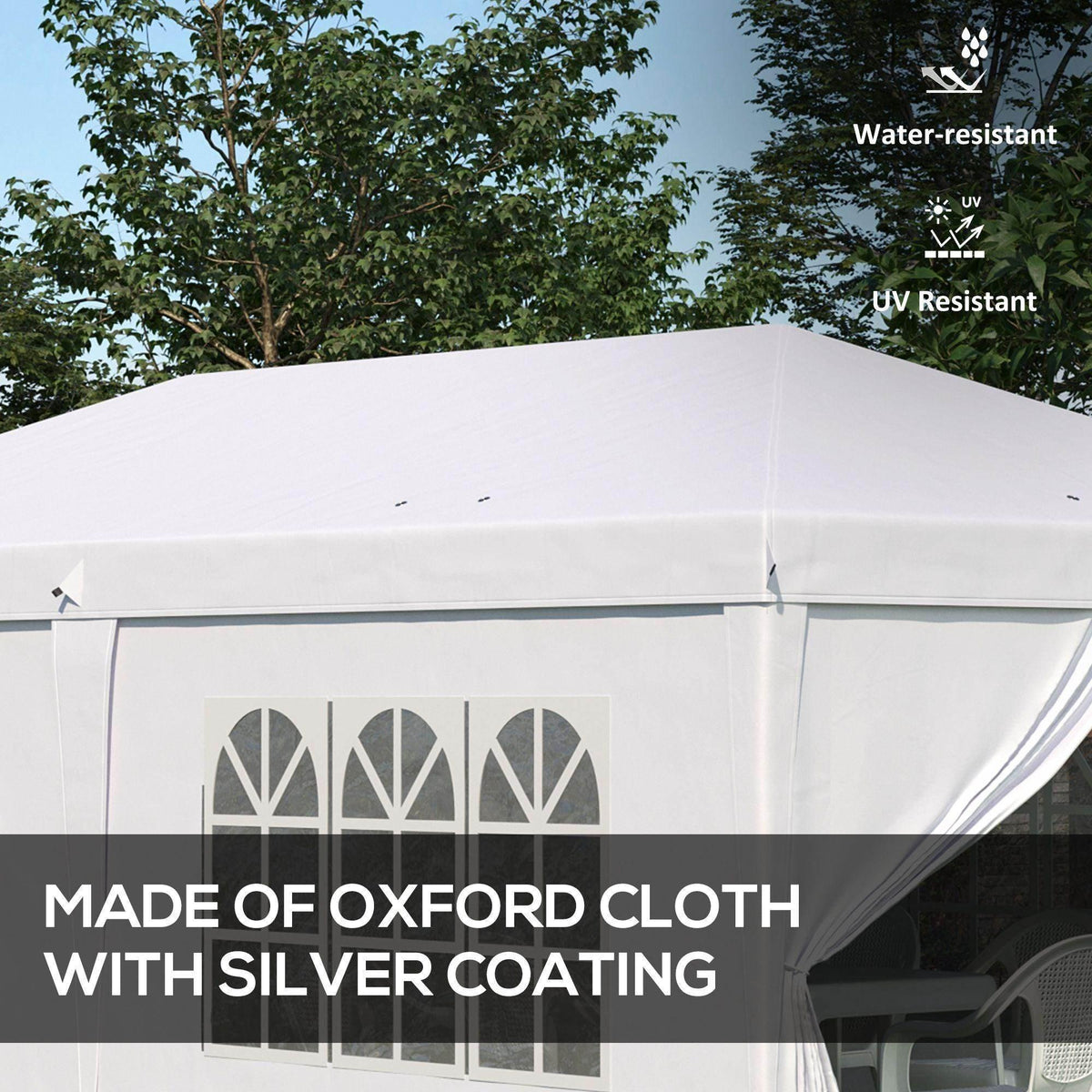 White pop-up gazebo tent with mesh window panels and side curtain drape