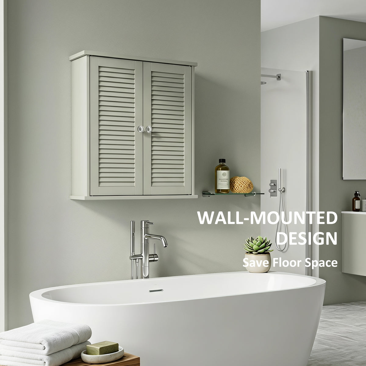 Light green wall cabinet with louvered double doors mounted above a sink.