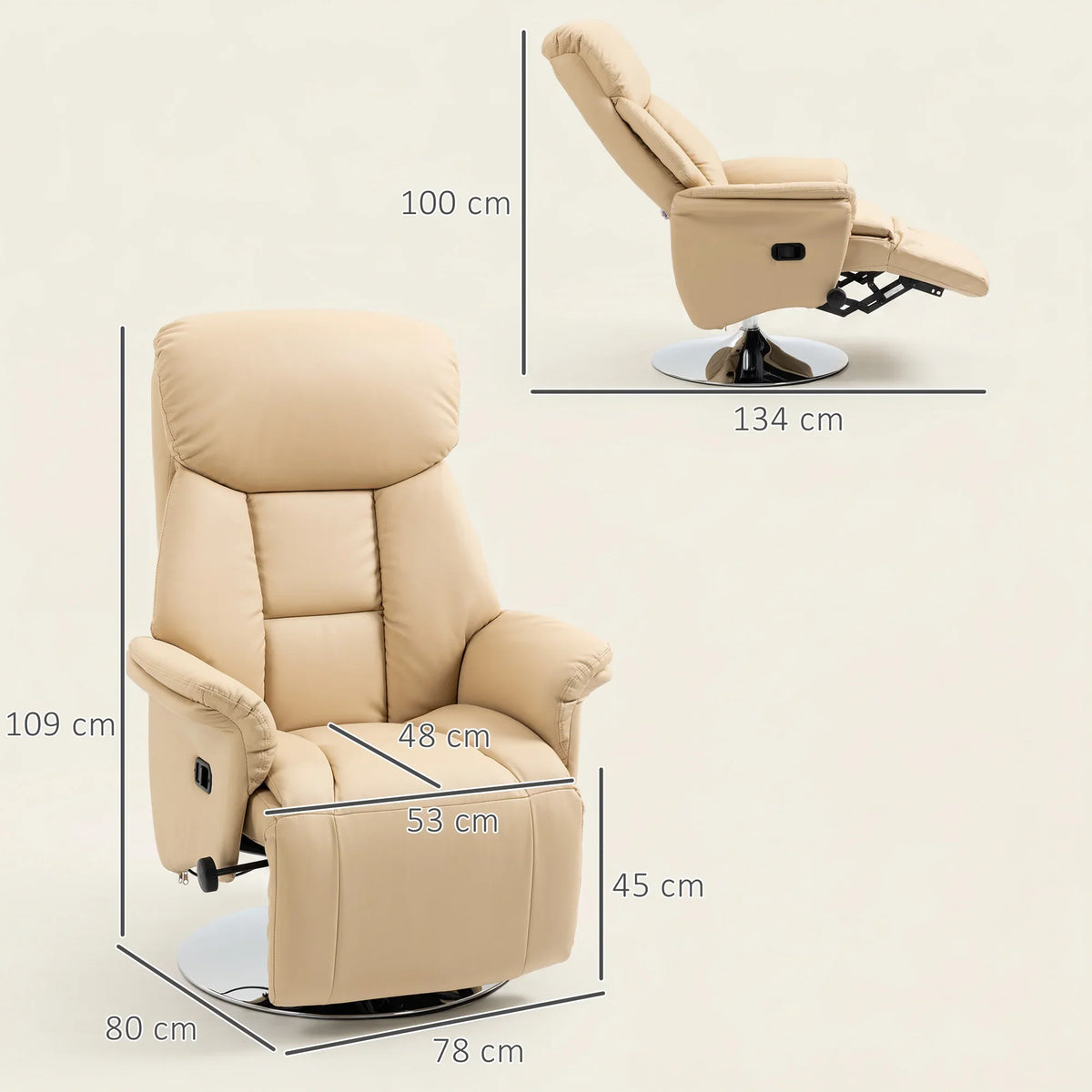 Beige recliner chair with swivel base and extended footrest, shown with size markers