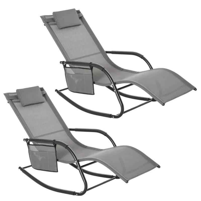 Grey two-piece rocking sun lounger set with padded headrests and mesh seat fabric