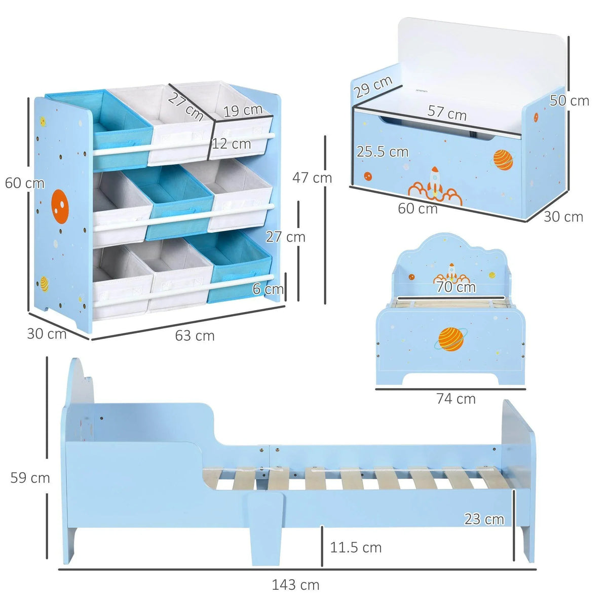 Kids blue 3-piece bed and toy box storage set with labeled dimensions