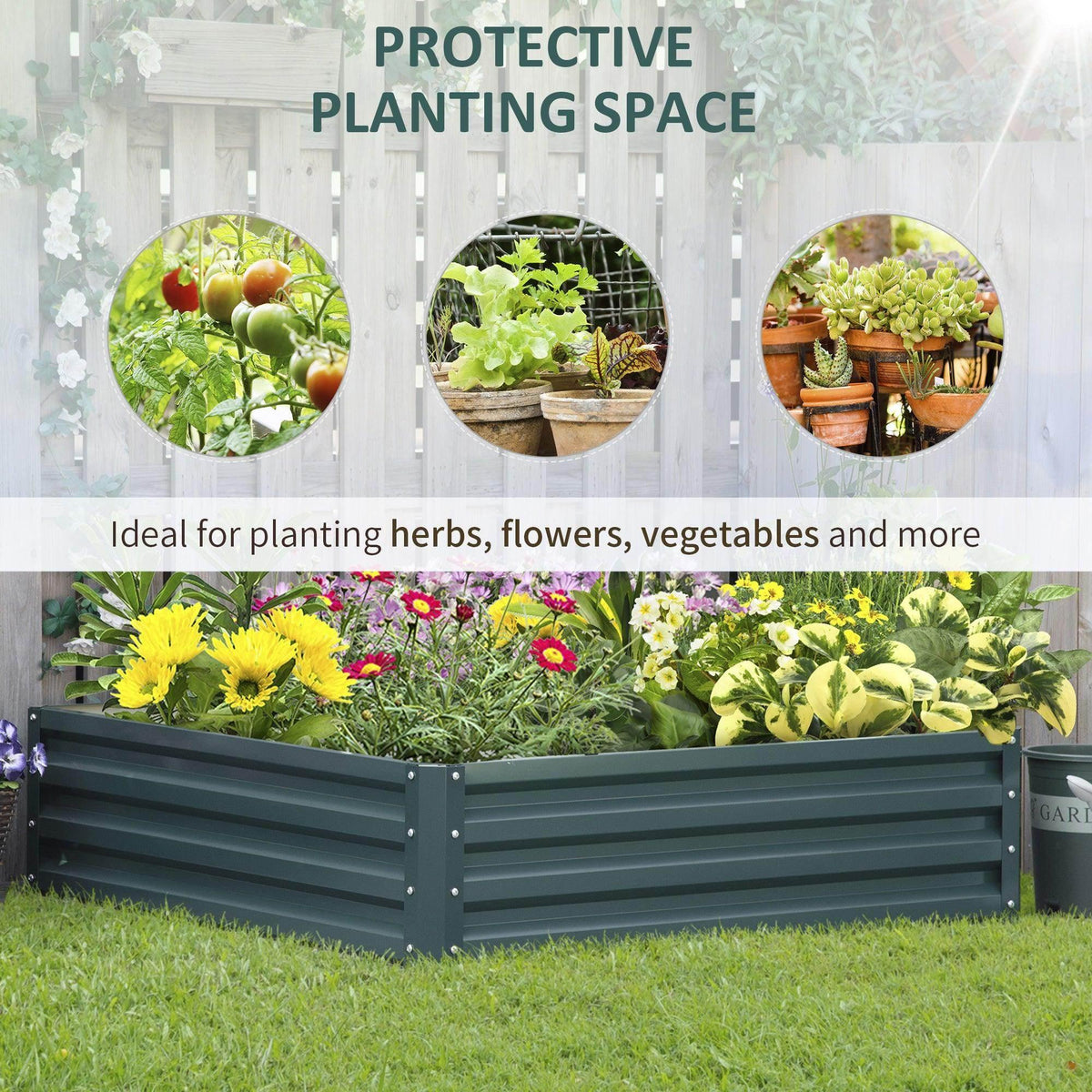 Green metal raised garden bed planter filled with flowers and leafy greens