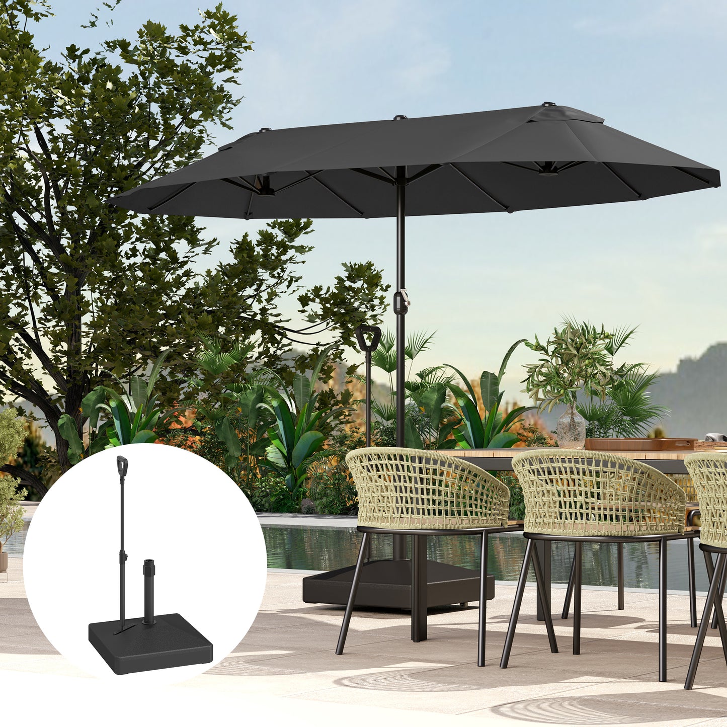 Outsunny Parasol Base With Wheels And Handle, 55kg With Stand Or 45kg With Water, Fits 35 38 48mm Poles, Black