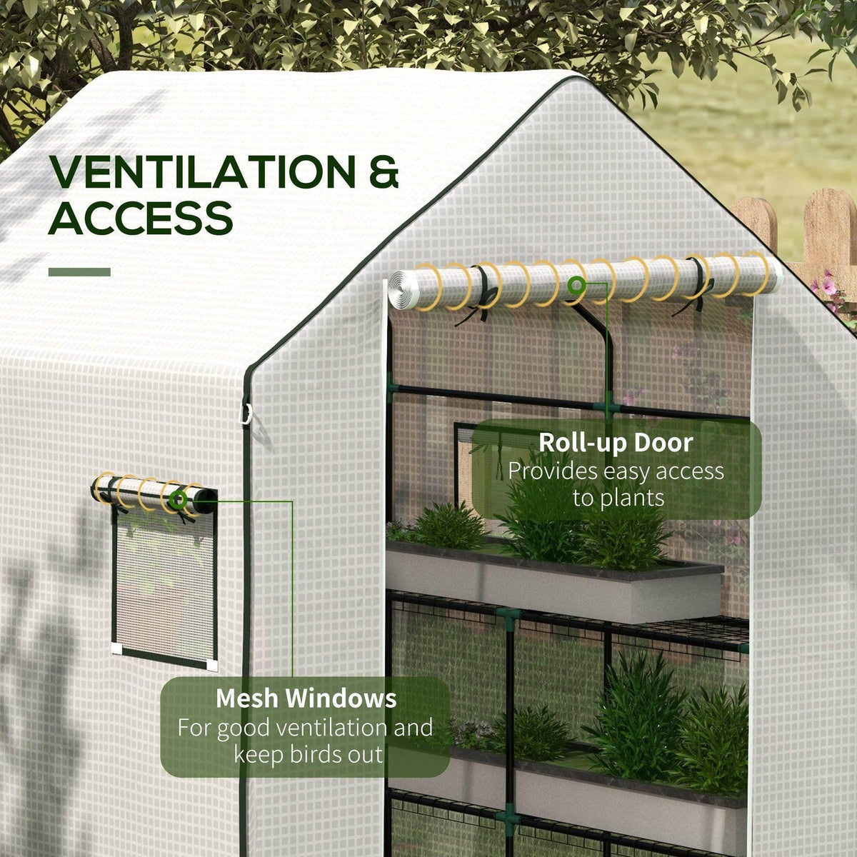 White PE greenhouse cover with roll-up door and mesh windows for ventilation