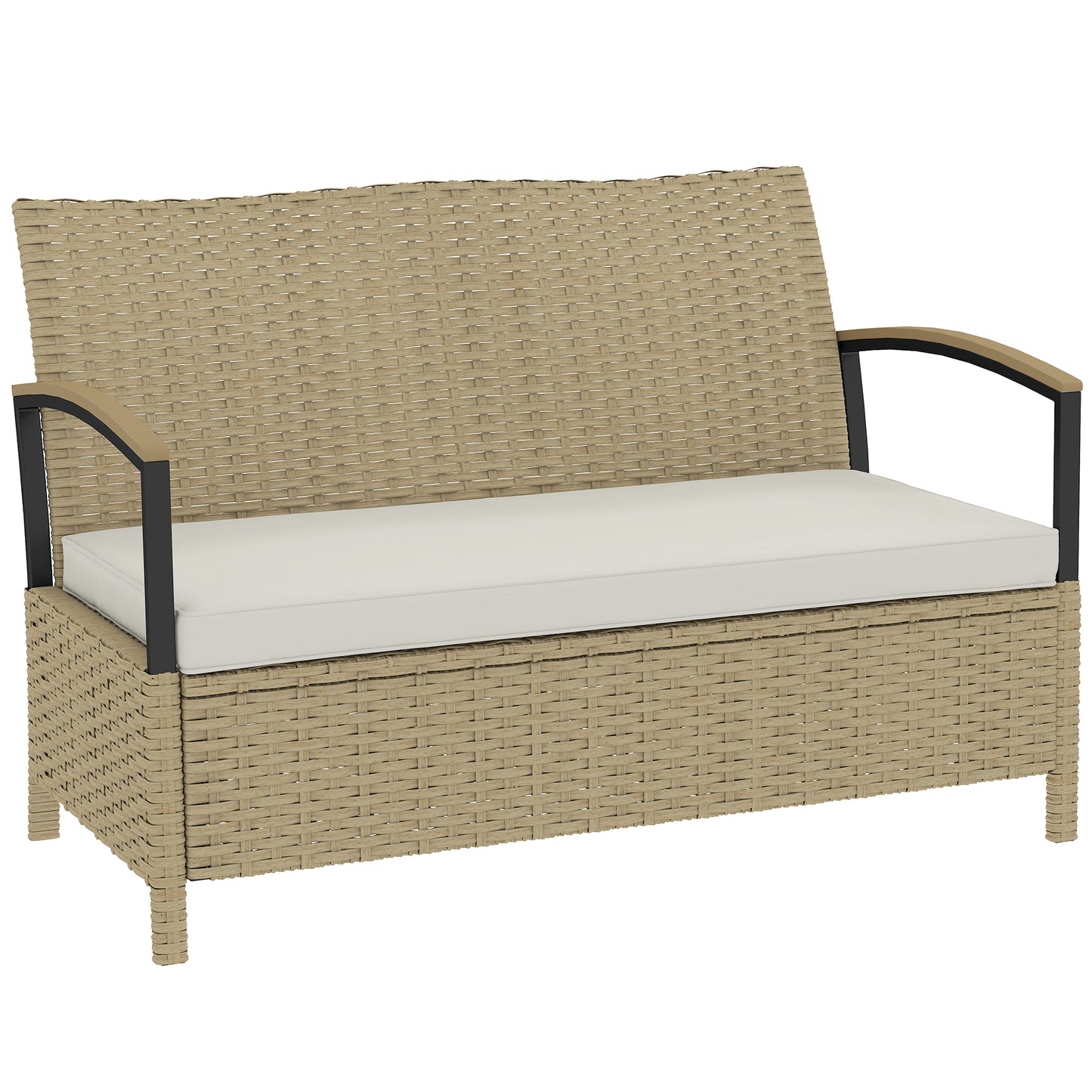 Outsunny 125L Garden Storage Bench Two Seater PE Rattan Outdoor Storage Box With Padded Cushion Khaki
