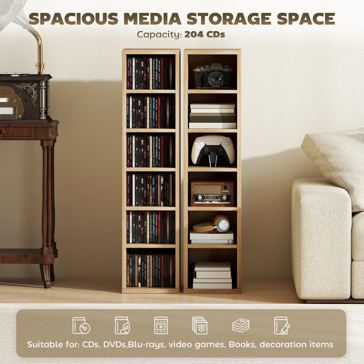 Oak media storage cabinet with open shelves for CDs and DVDs, two-door design