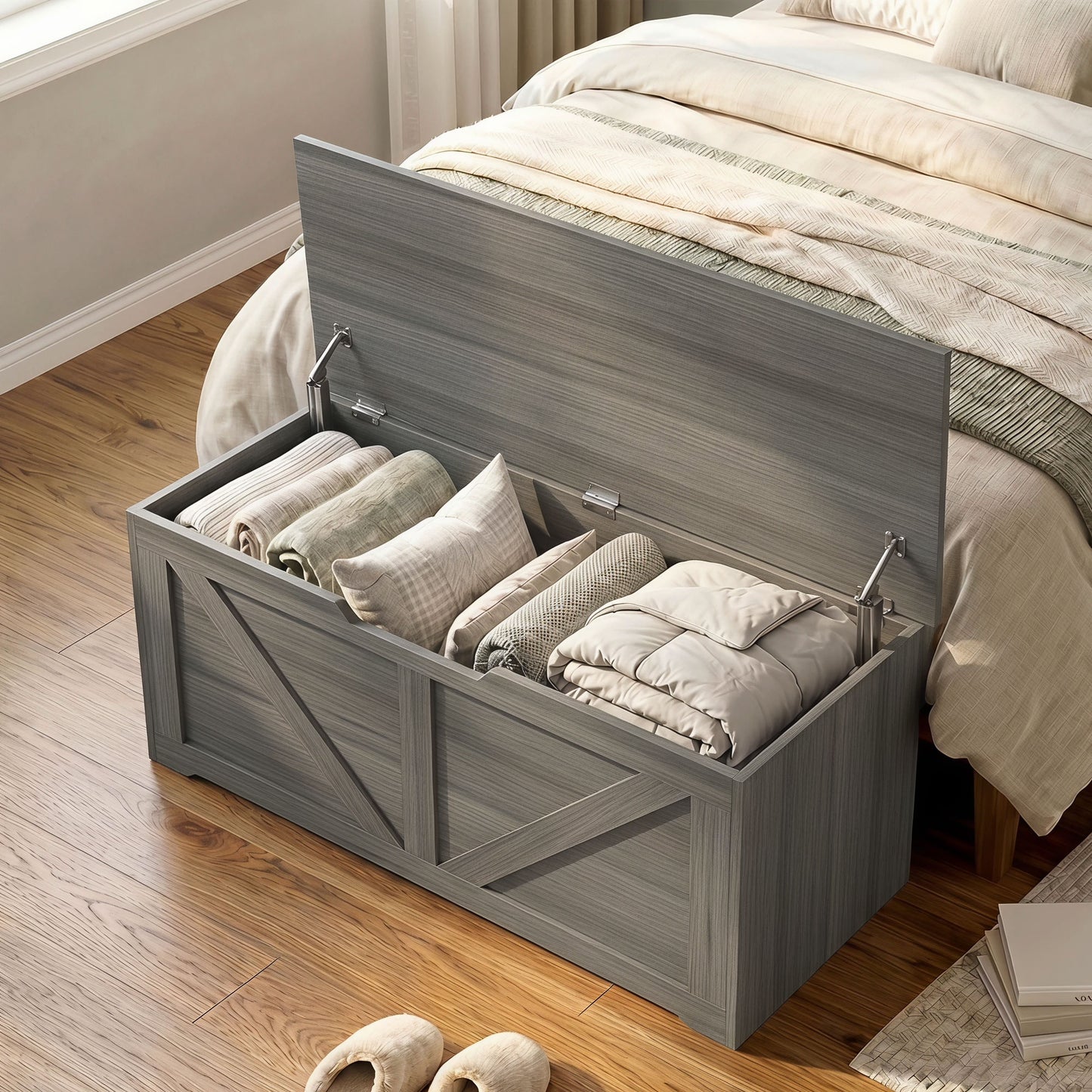 HOMCOM 127L Storage Chest With Safety Hinges And Seat Dark Grey Wood Effect For Living Room Or Bedroom