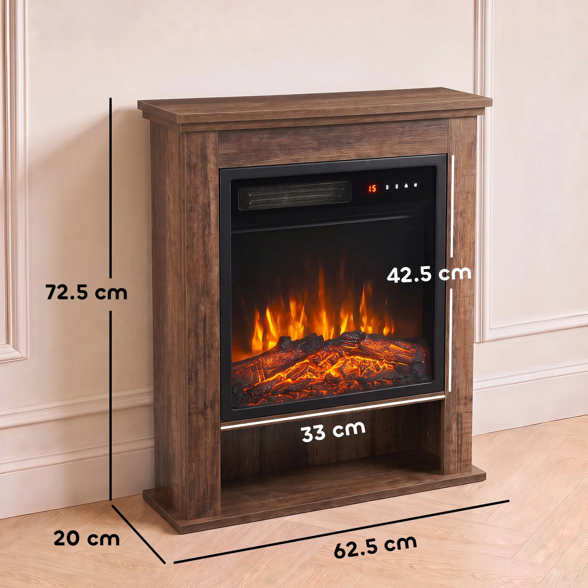 Oak electric fireplace suite with front dimensions marking and glowing LED flames