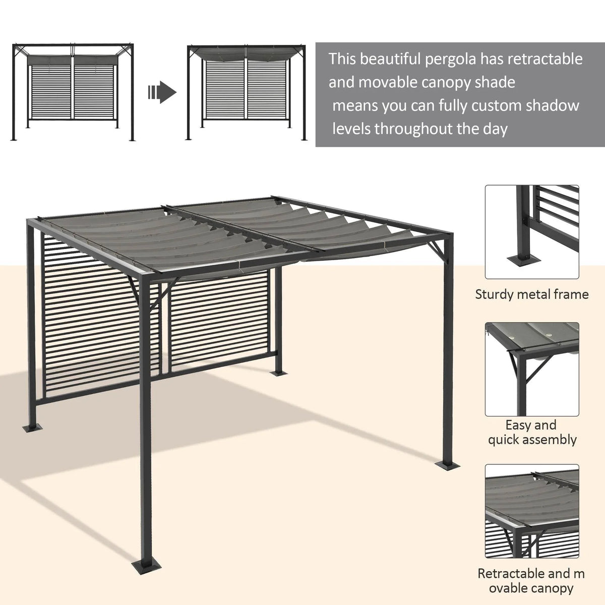 Grey metal pergola with retractable canopy top and louvered privacy side panels, angled view