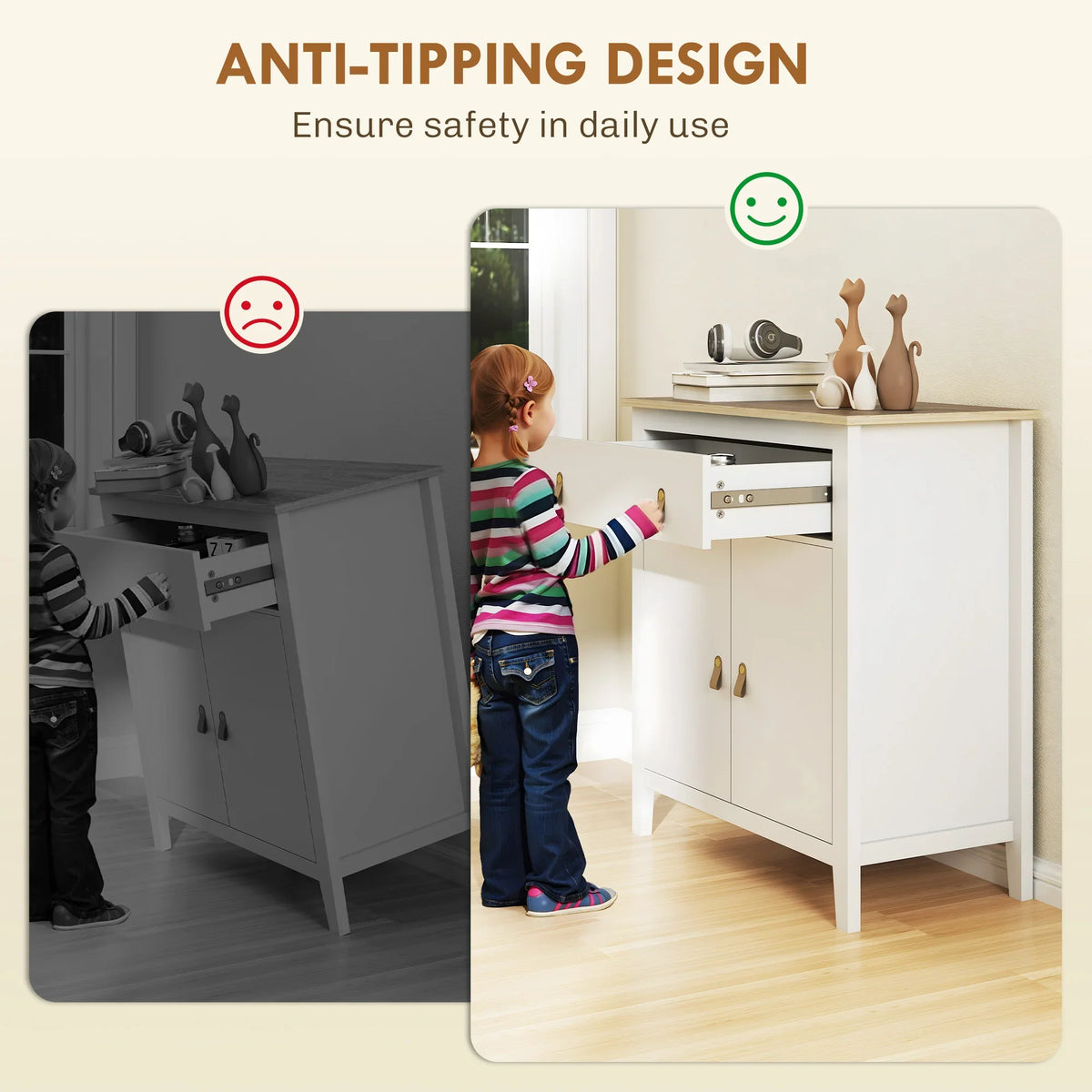 White sideboard cabinet with anti-tipping design and gold-tone handles