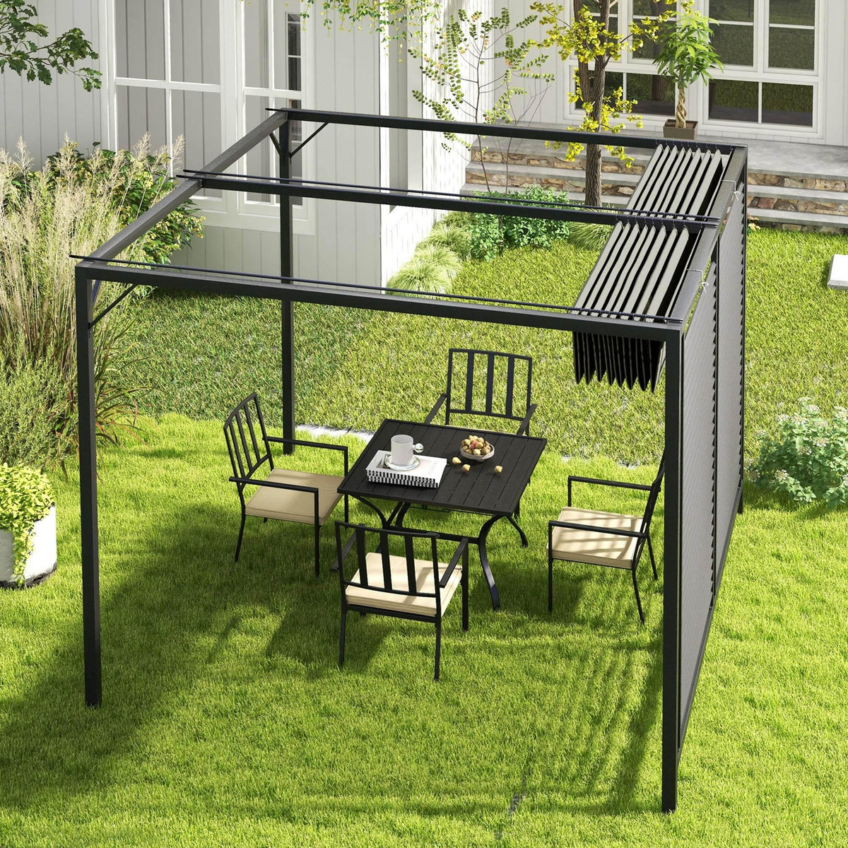 Grey metal pergola frame with retractable canopy and louvered panels, patio furniture underneath
