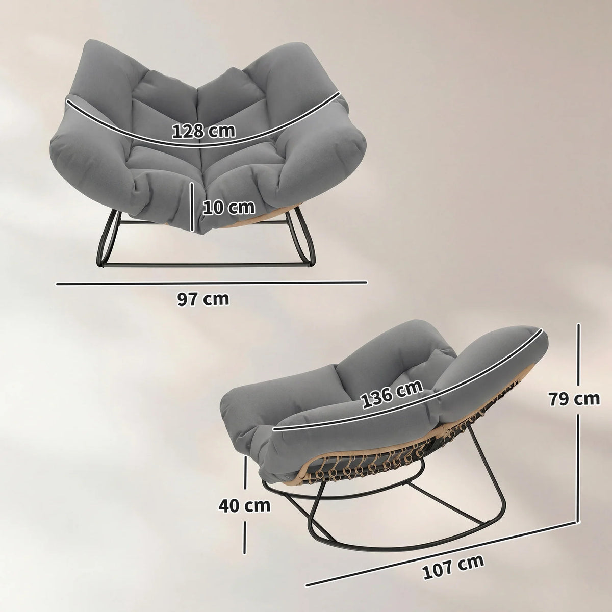 Grey oversized rocking egg chair with cushioned body and curved metal base, size shown