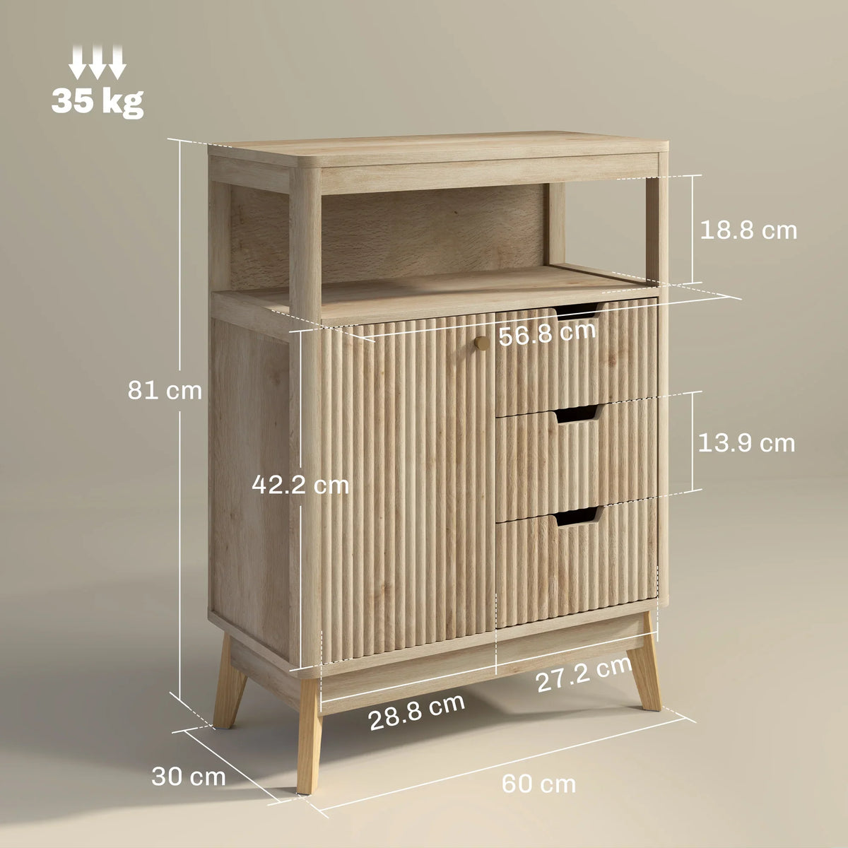 Light wood sideboard with adjustable shelf, two drawers, and angled legs