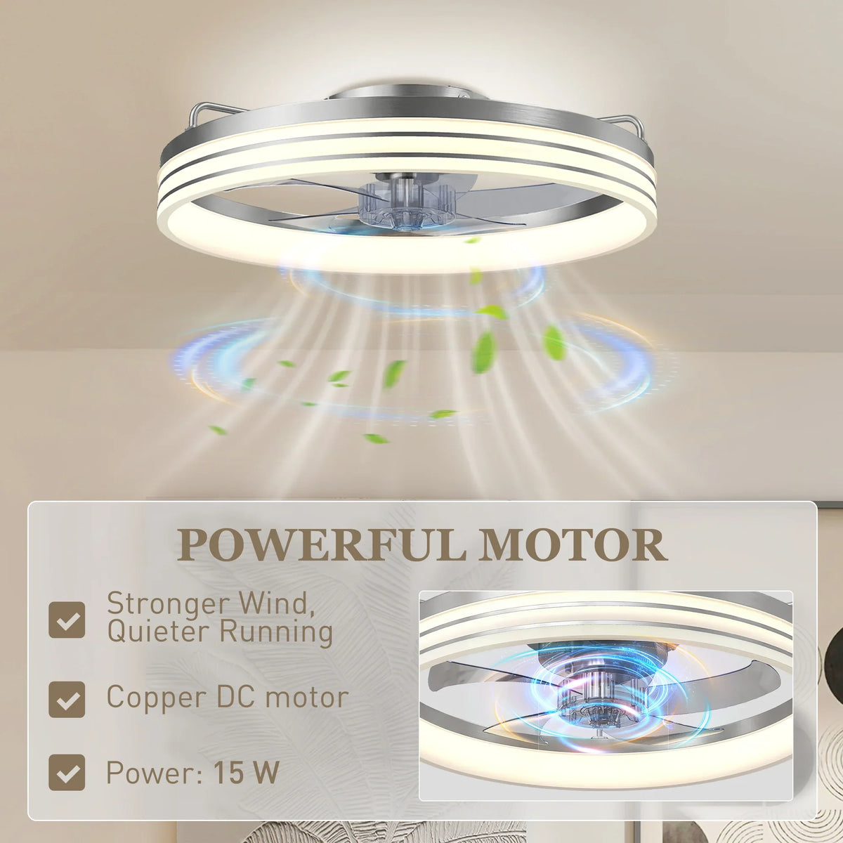LED ceiling fan light with exposed motor core and glowing circular light ring