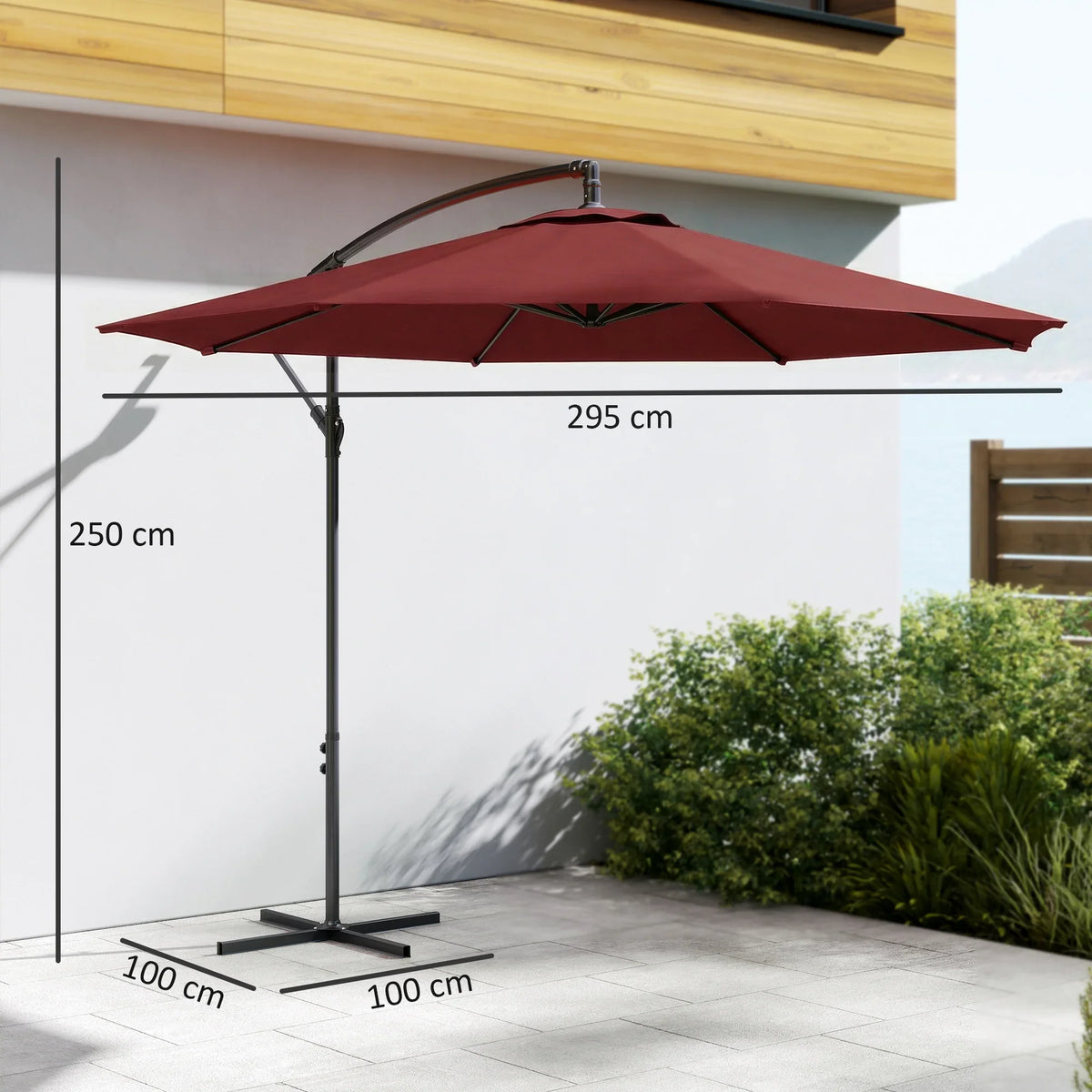 Wine red cantilever parasol on cross base with 295 cm height support