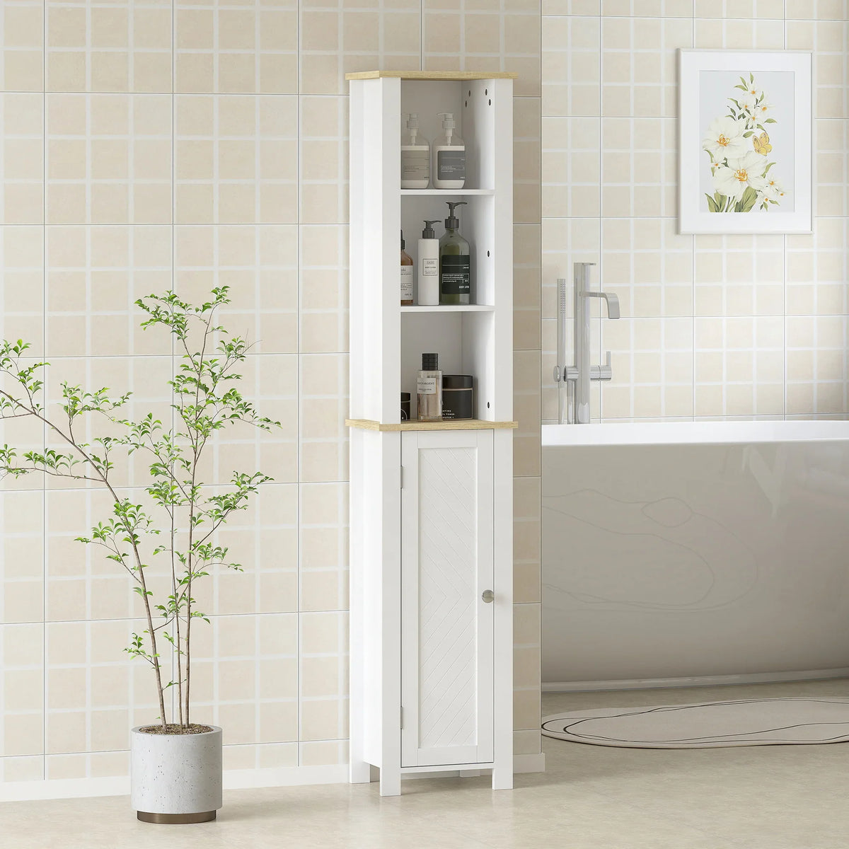 Slim white bathroom storage cabinet with three open shelves and a closed lower cabinet door