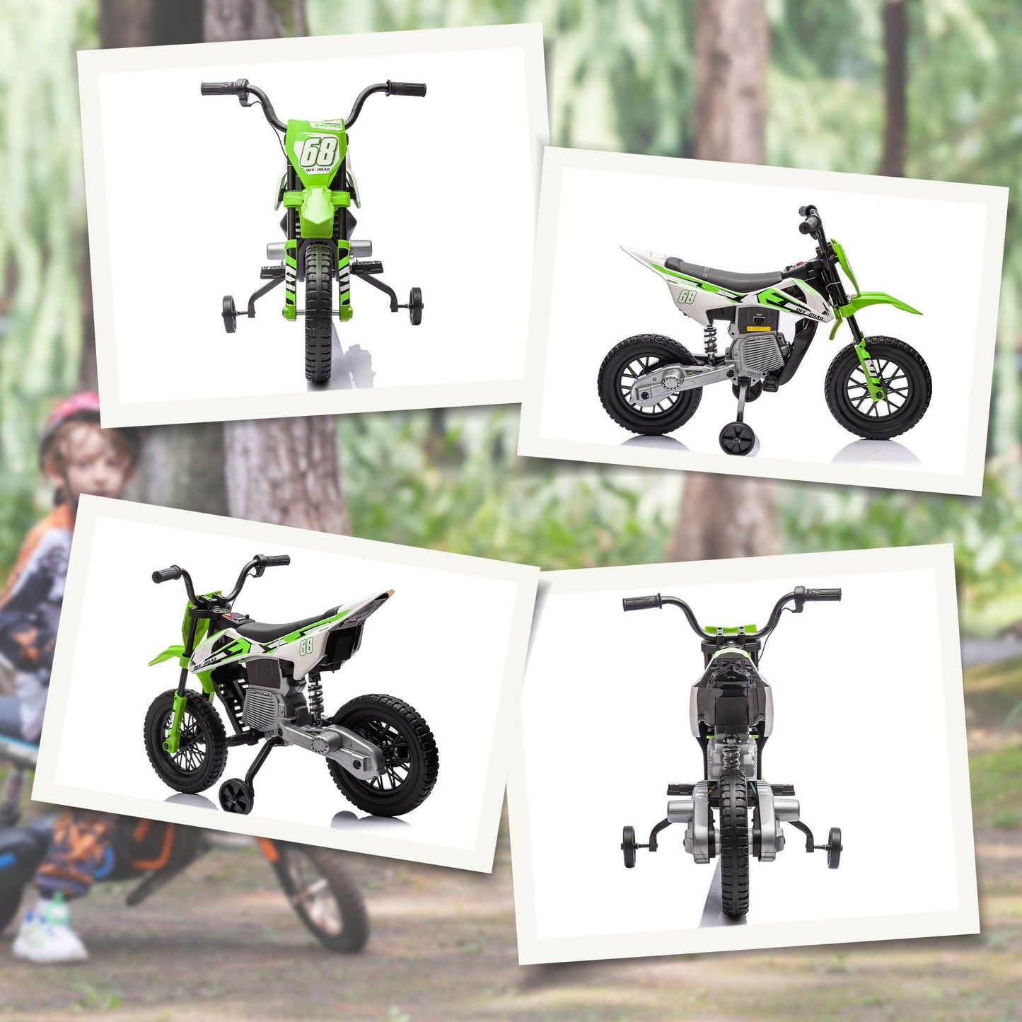 AIYAPLAY 12V Electric Kids Motorcycle with Training Wheels and Music - Green - ALL4U RETAILER LTD