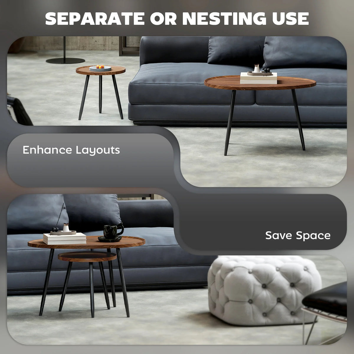 Two round nesting coffee tables with chestnut wood-effect tops and black metal legs