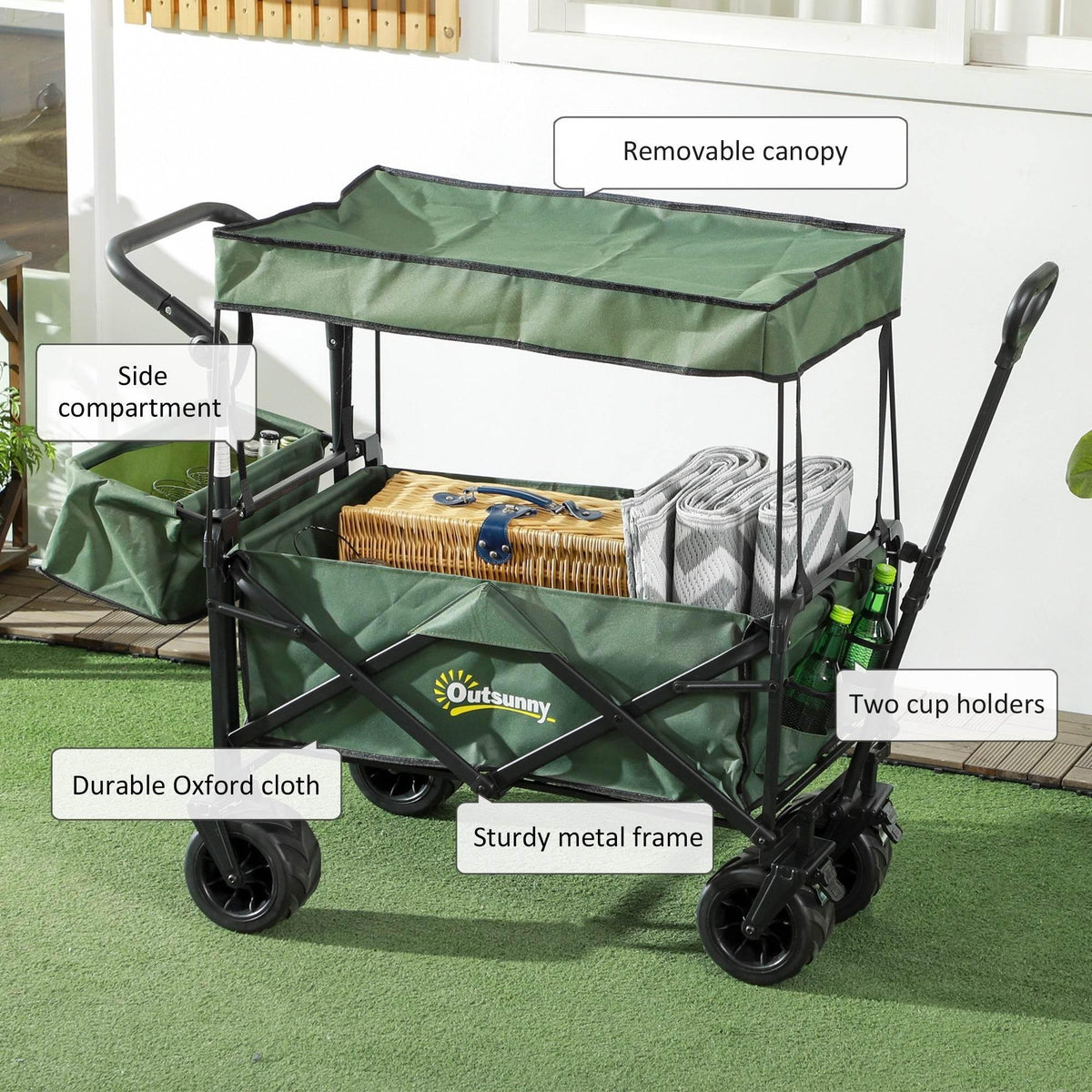 Green beach trolley cart with removable canopy, side compartment, and cup holders