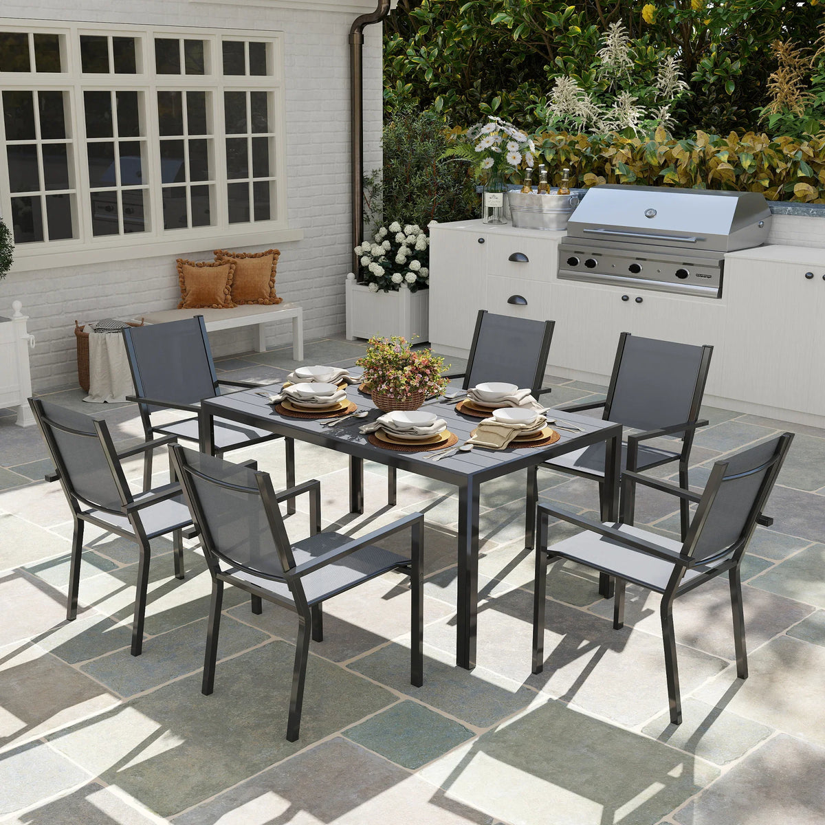 Garden dining set with square table and stackable chairs, dark gray WPC slatted top