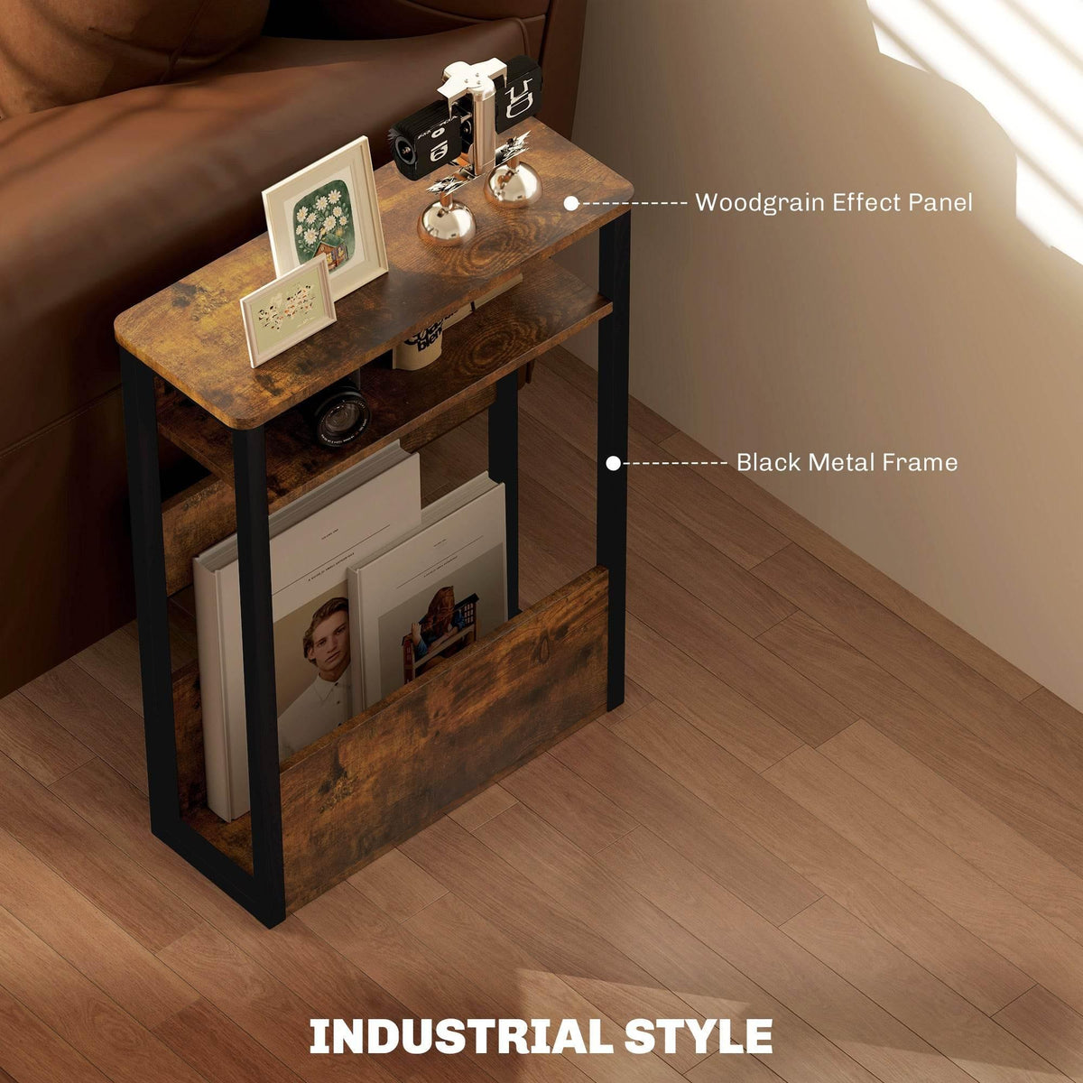 Rustic side table with woodgrain panel sides and black metal frame, two shelves