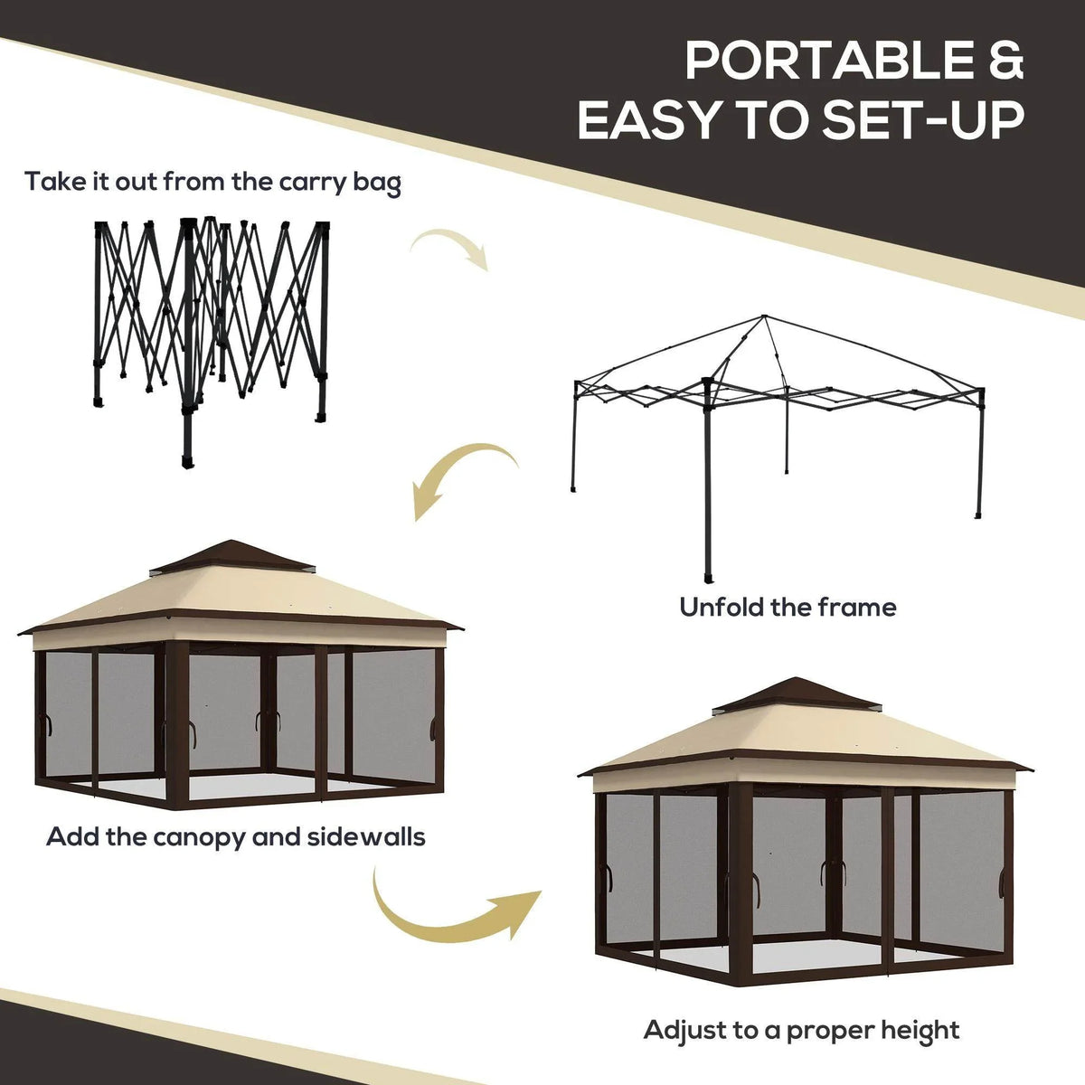 Beige pop-up event shelter with sidewalls and mesh, shown set-up steps from carry bag