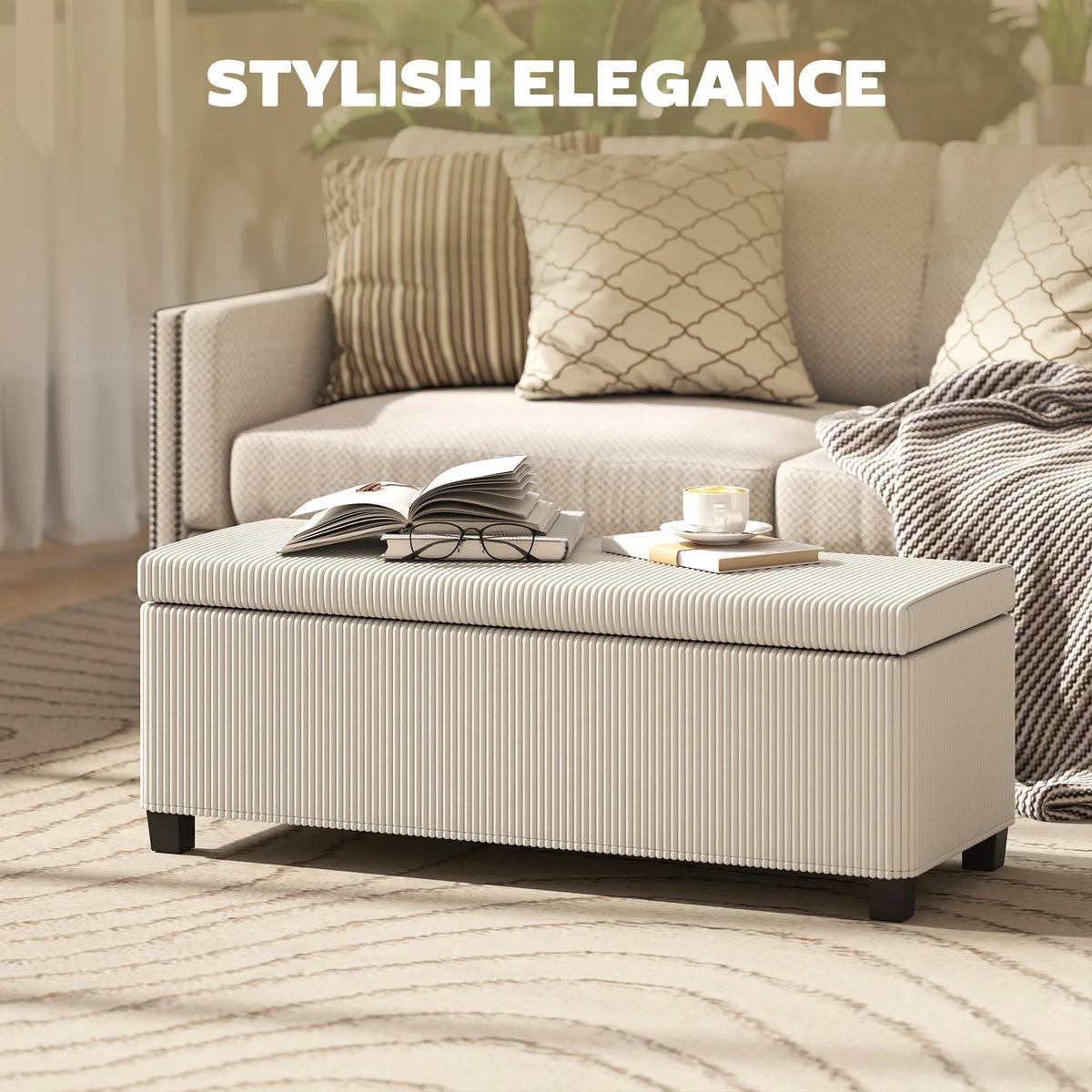 Beige corduroy storage ottoman bench styled in living room with pillows