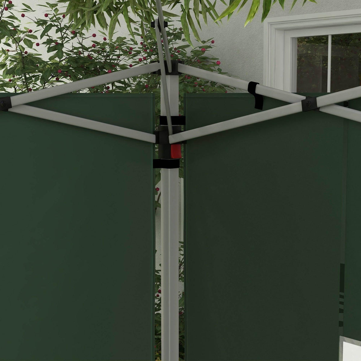 Green gazebo side panel with black strap closure and gray support frame