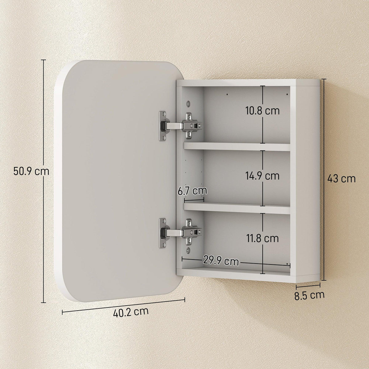 Wall-mounted white medicine cabinet interior with adjustable shelves and two-door hinges