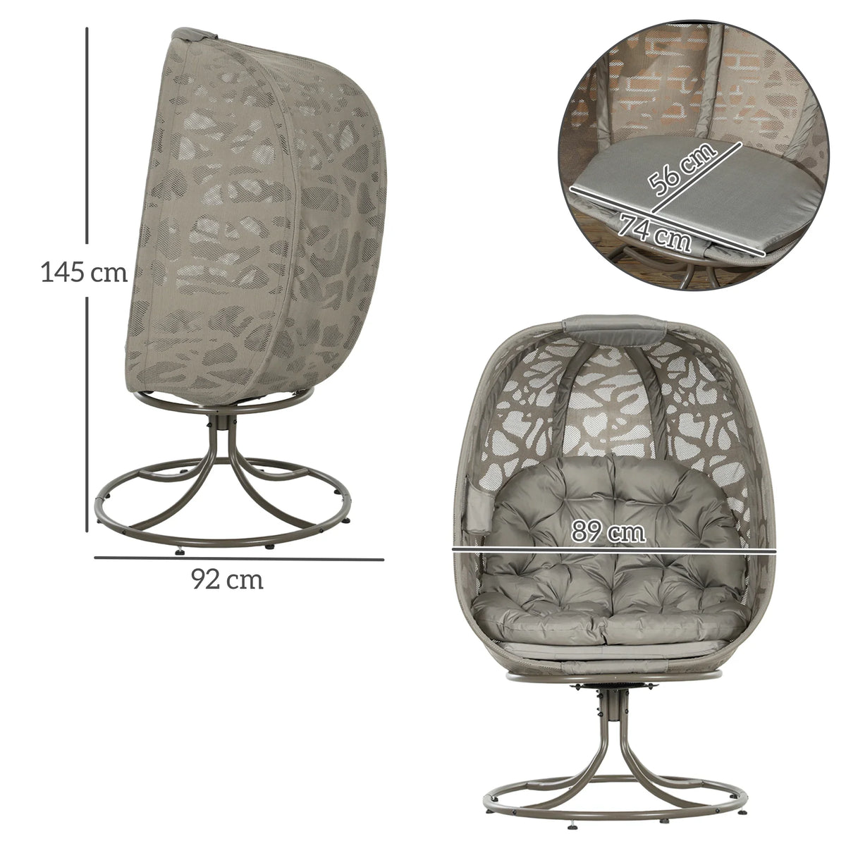 Sand brown swivel egg chair with gray cushions and curved metal base, side view