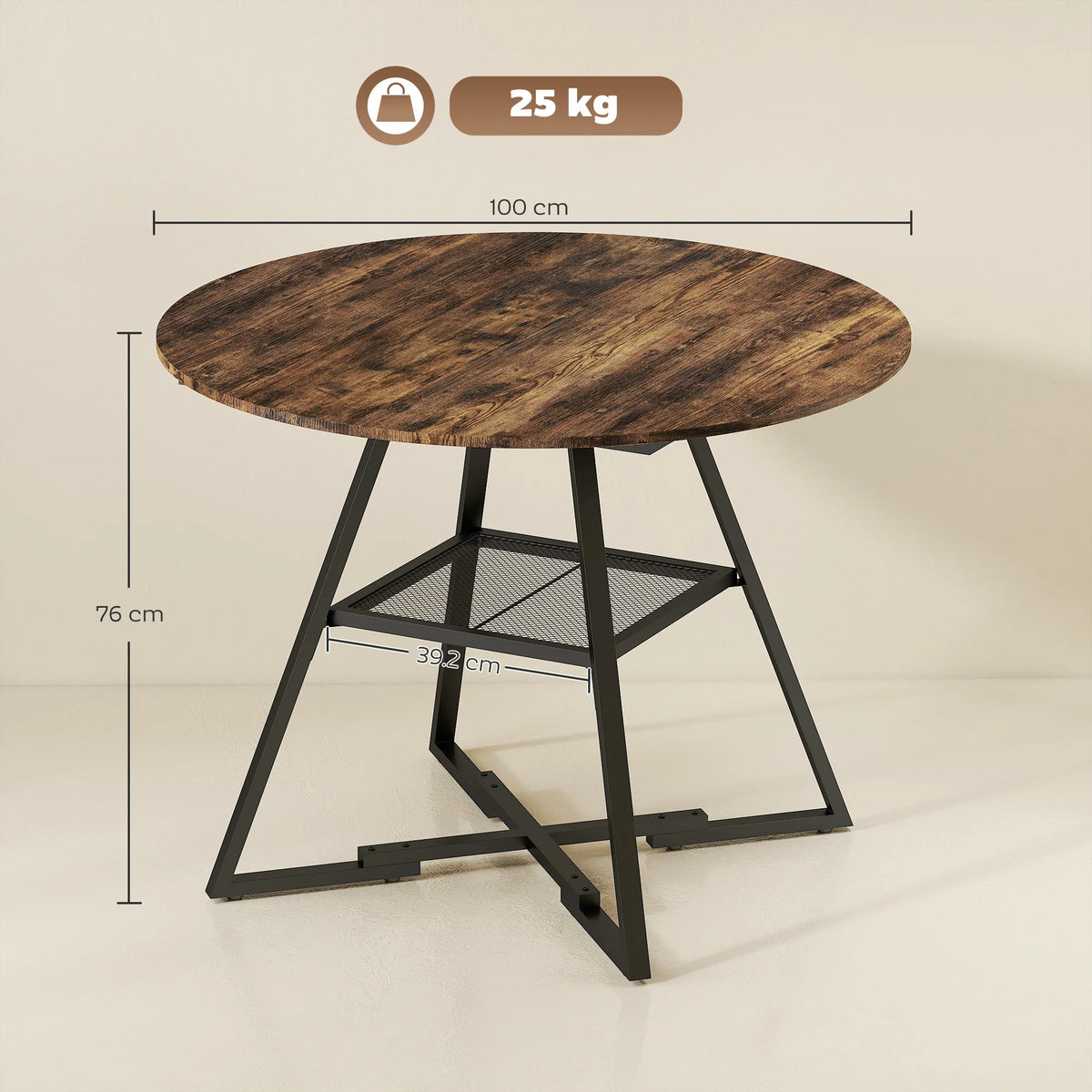Round rustic brown table with black cross-base legs and under storage shelf