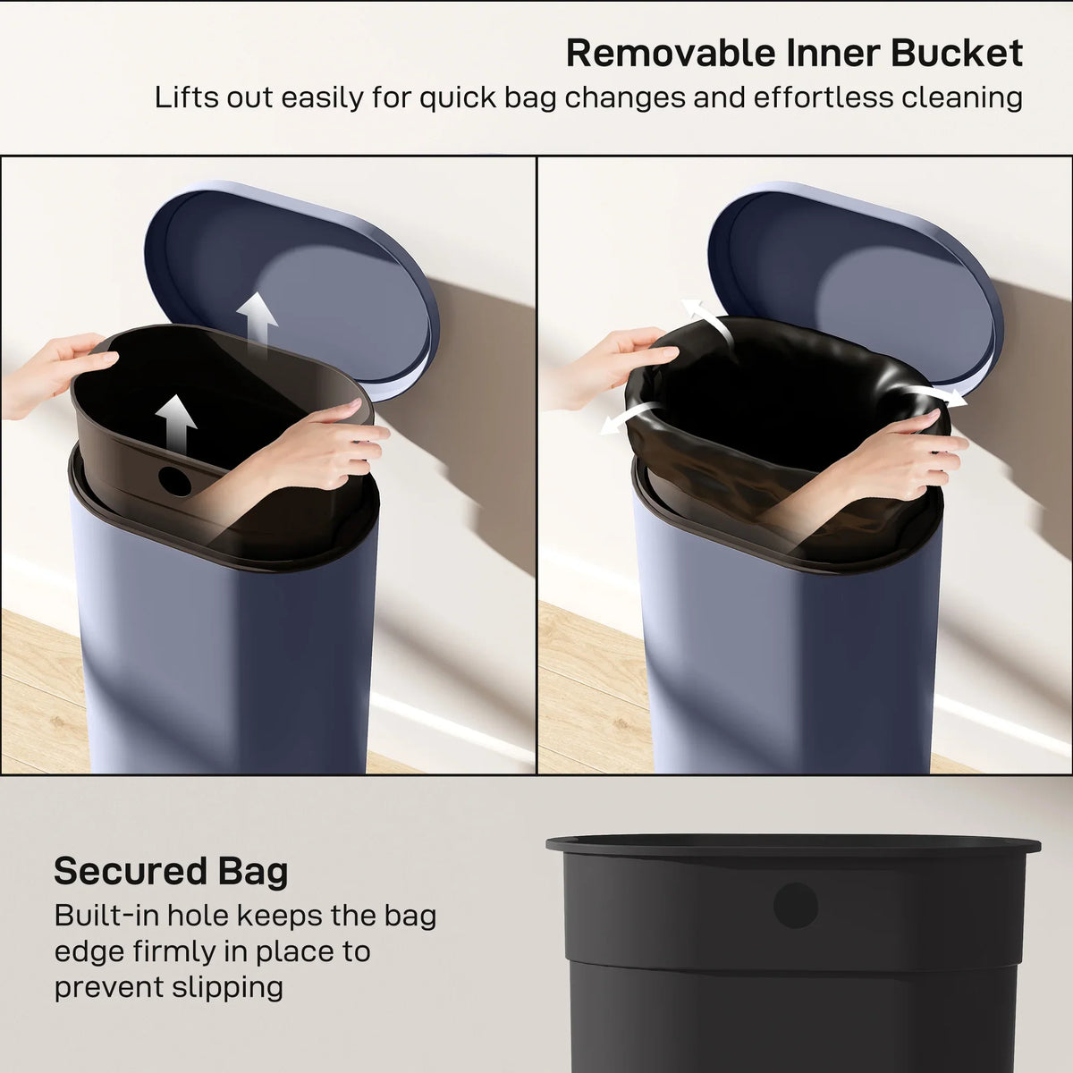 Removable inner bucket kitchen trash can with built-in bag holder and open lid