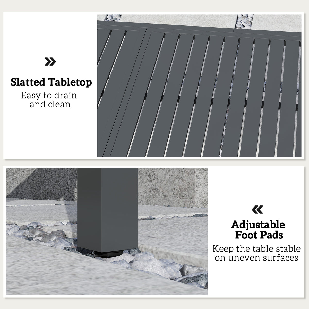 Dark grey slatted tabletop detail with adjustable foot pads for outdoor dining table