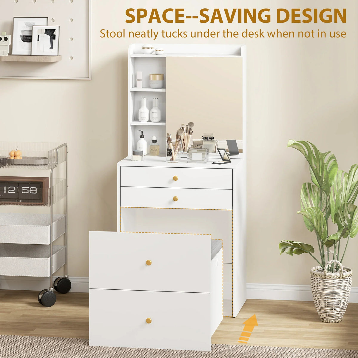 White dressing table with mirror, open shelves, and pull-out drawers; stool tucks underneath